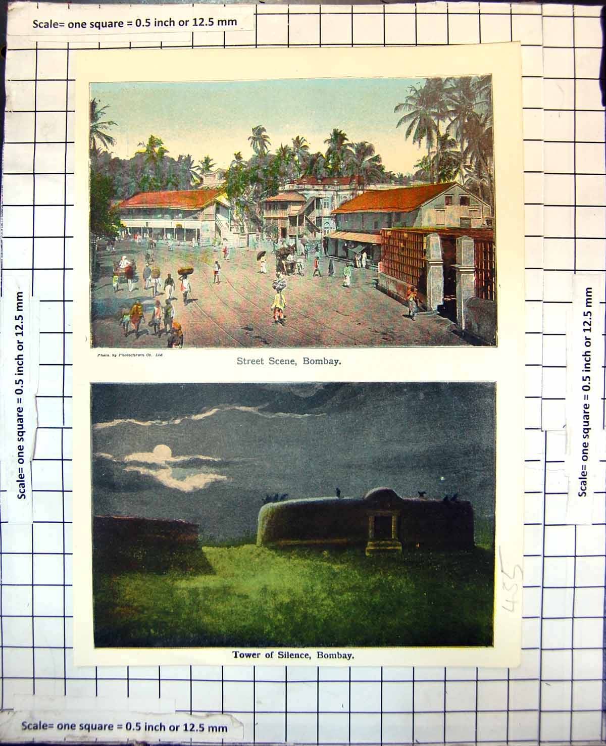 Old Print Street Scene Bombay Tower Silence Scene Kashmir Haidarabad 455RJ