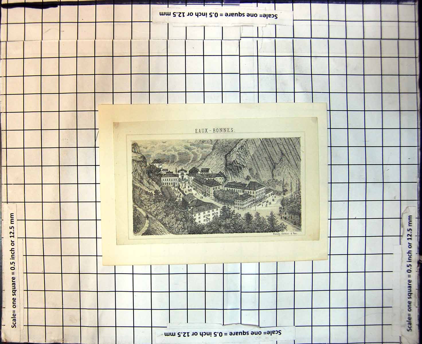 Original Old Antique Print Eaux Bonnes Town Valley Mountains