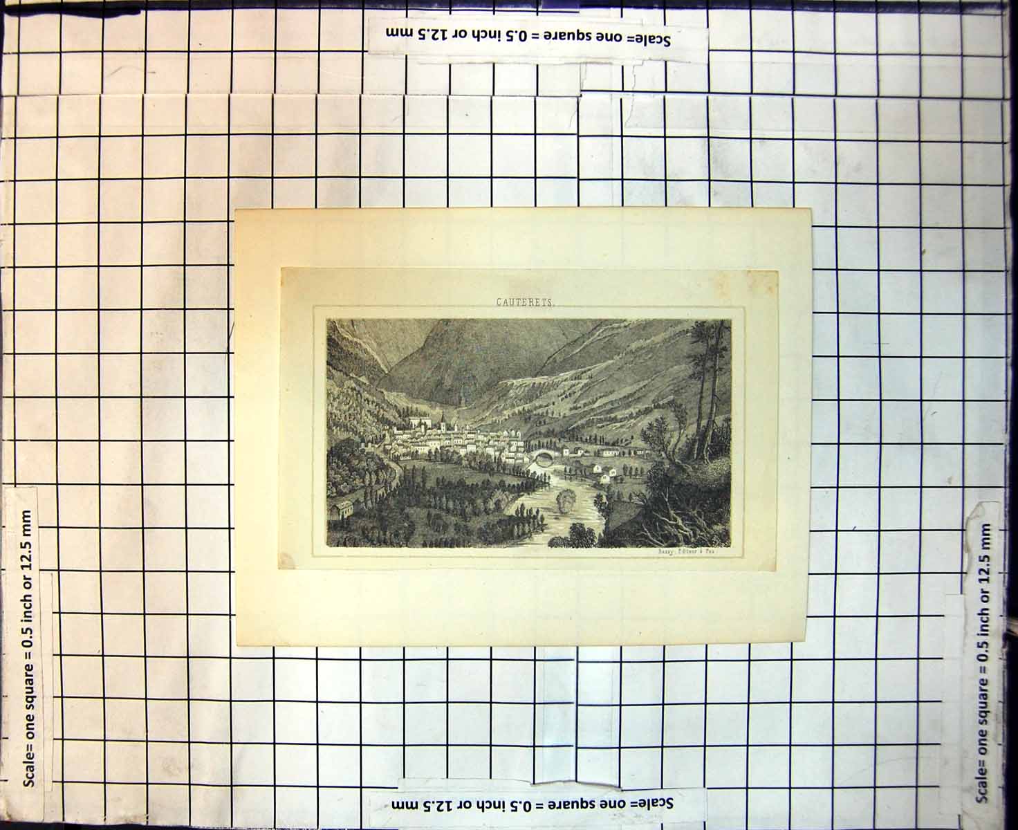 Original Old Antique Print Cauterets Town Valley River Bridge Hills