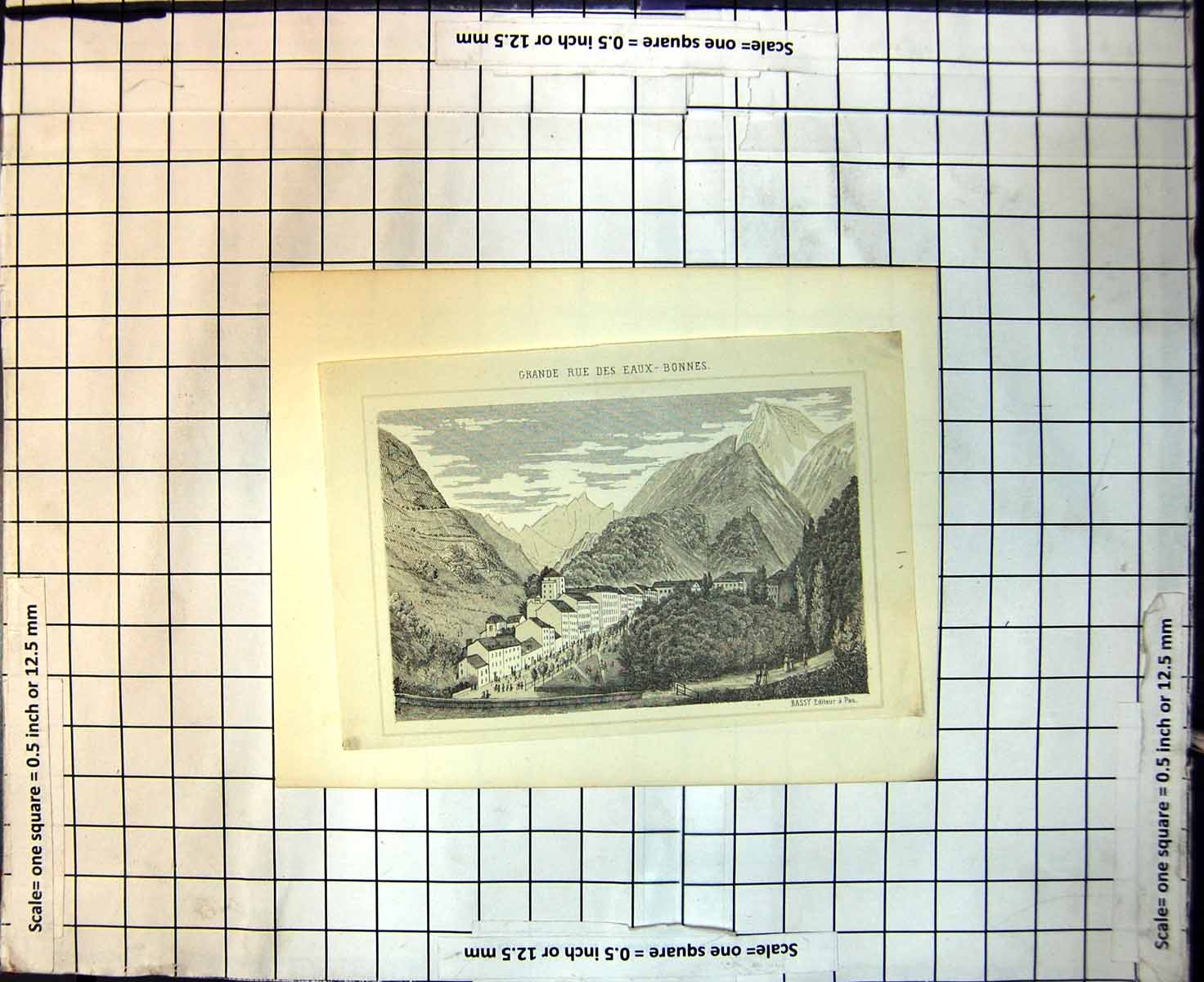 Original Old Antique Print Grande Rue Des Eaux Bonnes Town Mountains