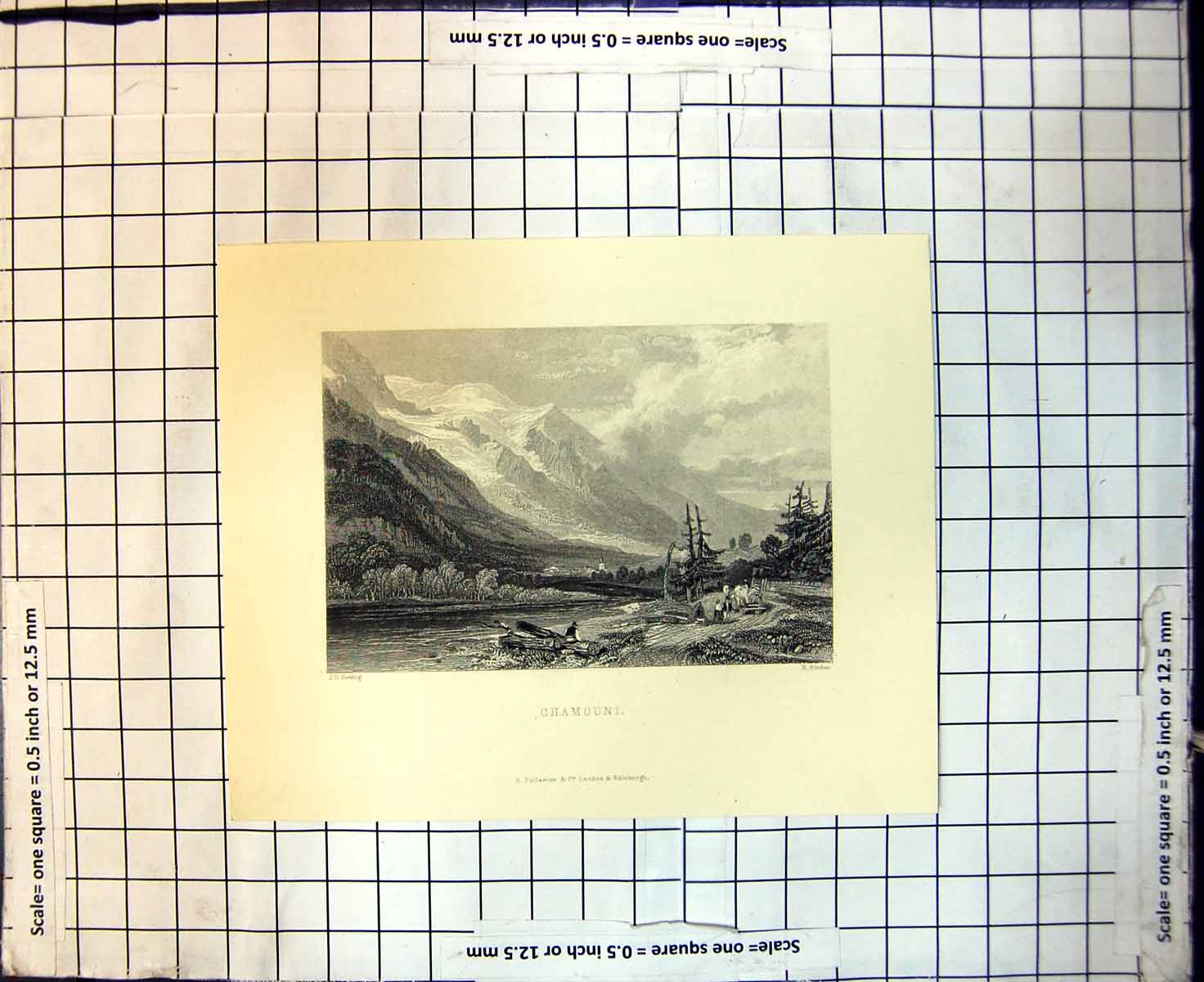 Original Old Antique Print Chamouni Church Trees Mountains River