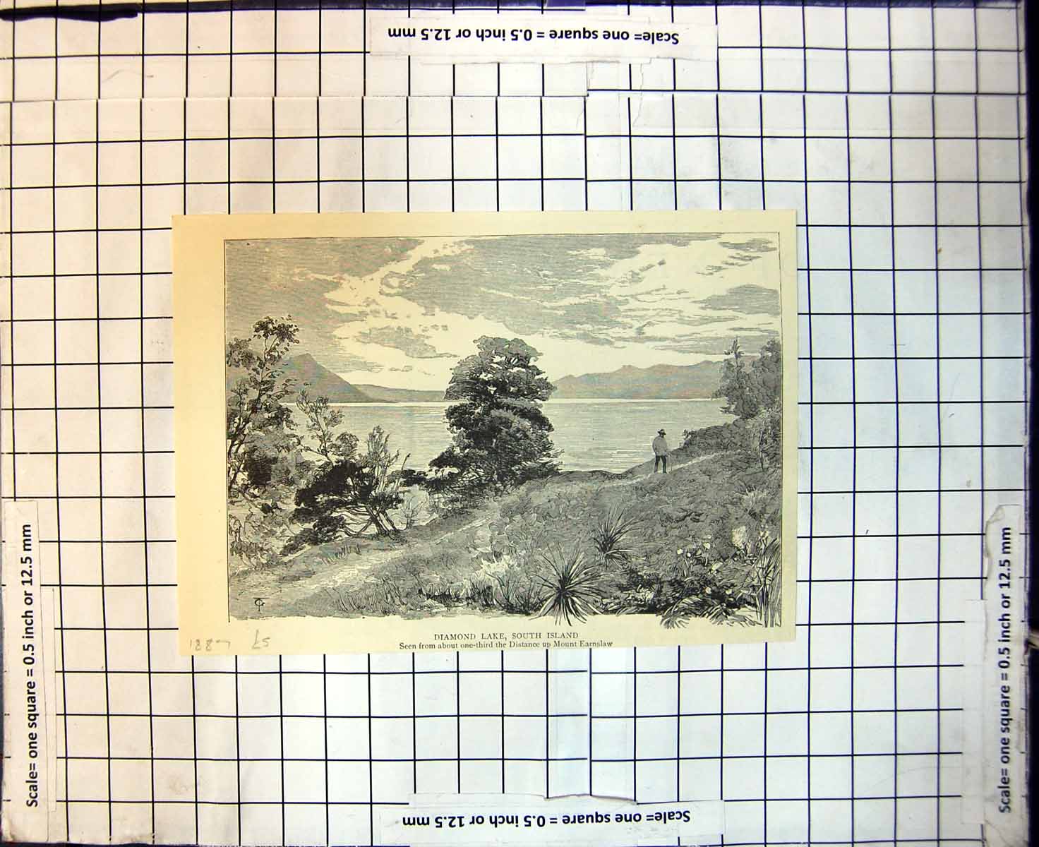 Original Old Antique Print Diamond Lake South Island Seen Mount Earnshaw 1887