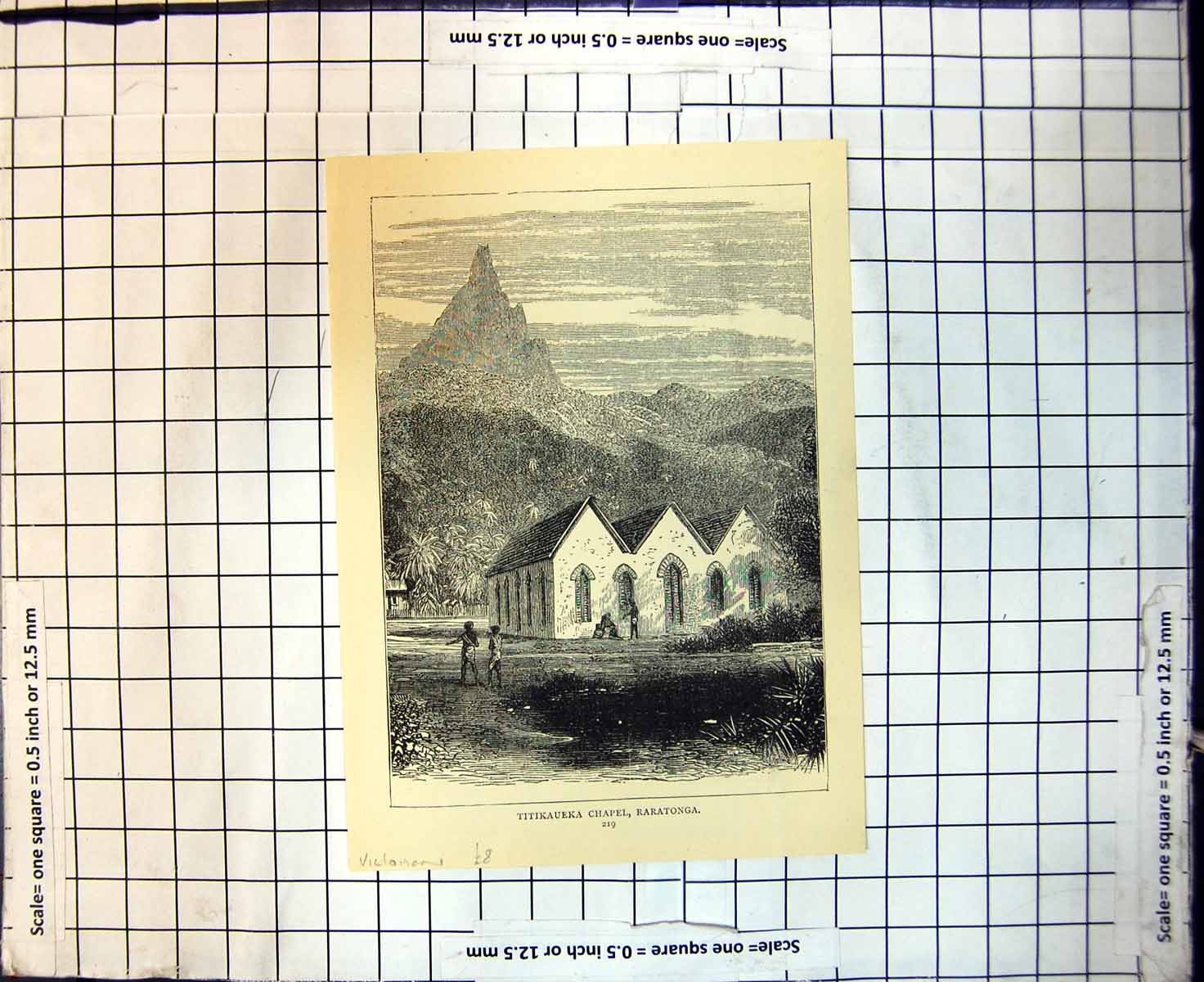 Original Old Antique Print Titikaveka Chapel Raratonga Cook Islands
