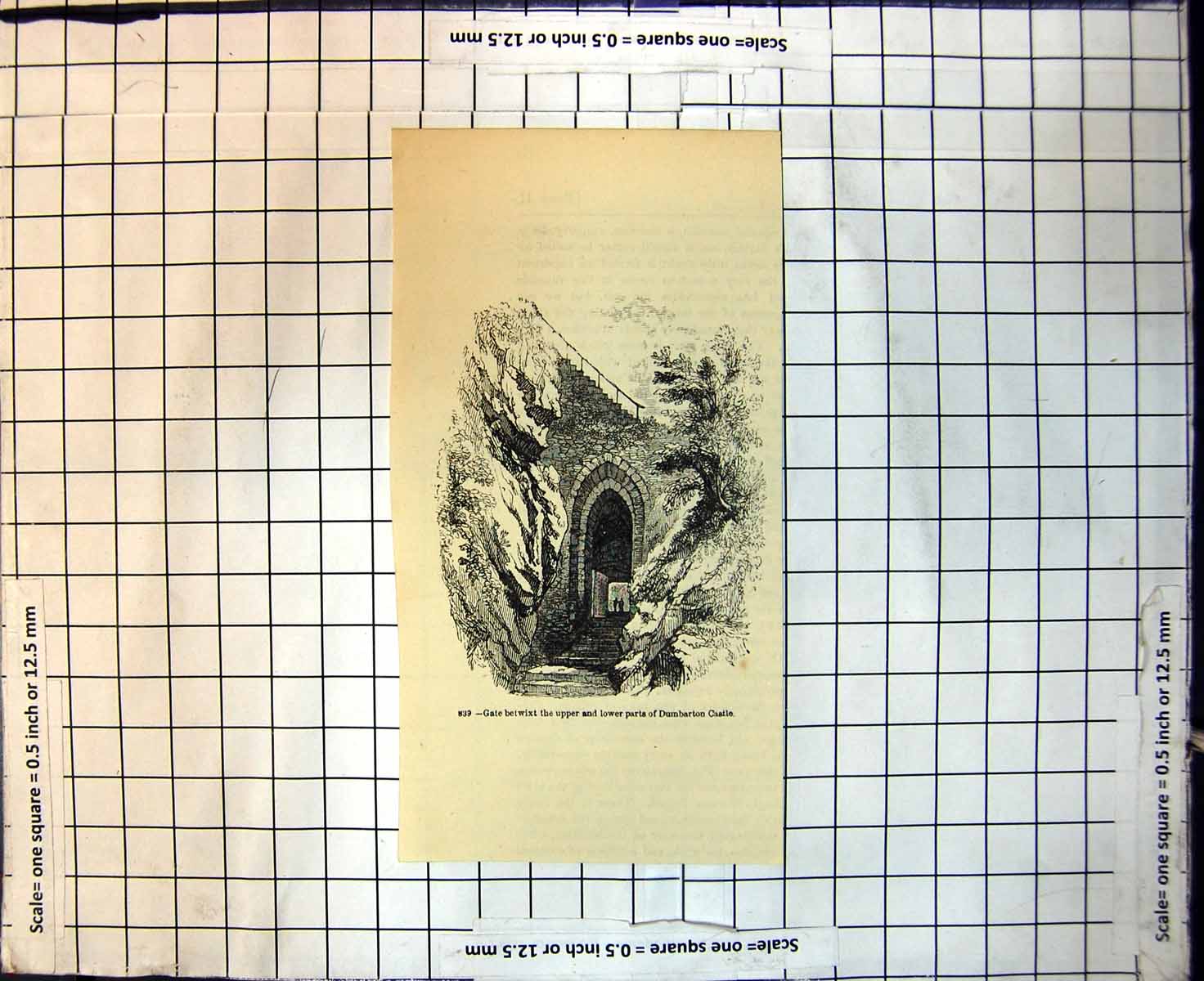 Original Old Antique Print Gate Between Upper Lower Parts Dumbarton Castle