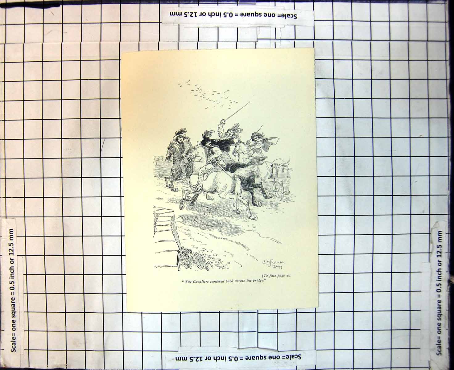 Original Old Antique Print Cavaliers Cantered Back Across Bridge 1899 19th