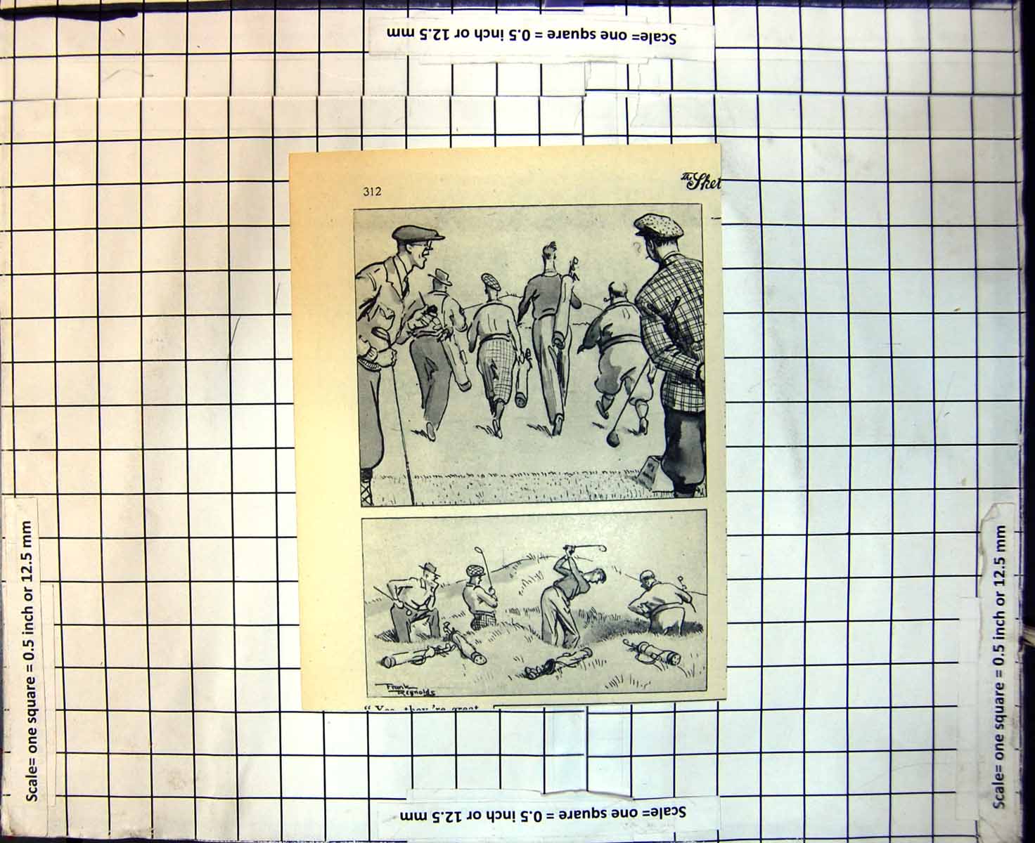 Original Old Antique Print Sketches Men Playing Golf Checked Trousers Bonnets