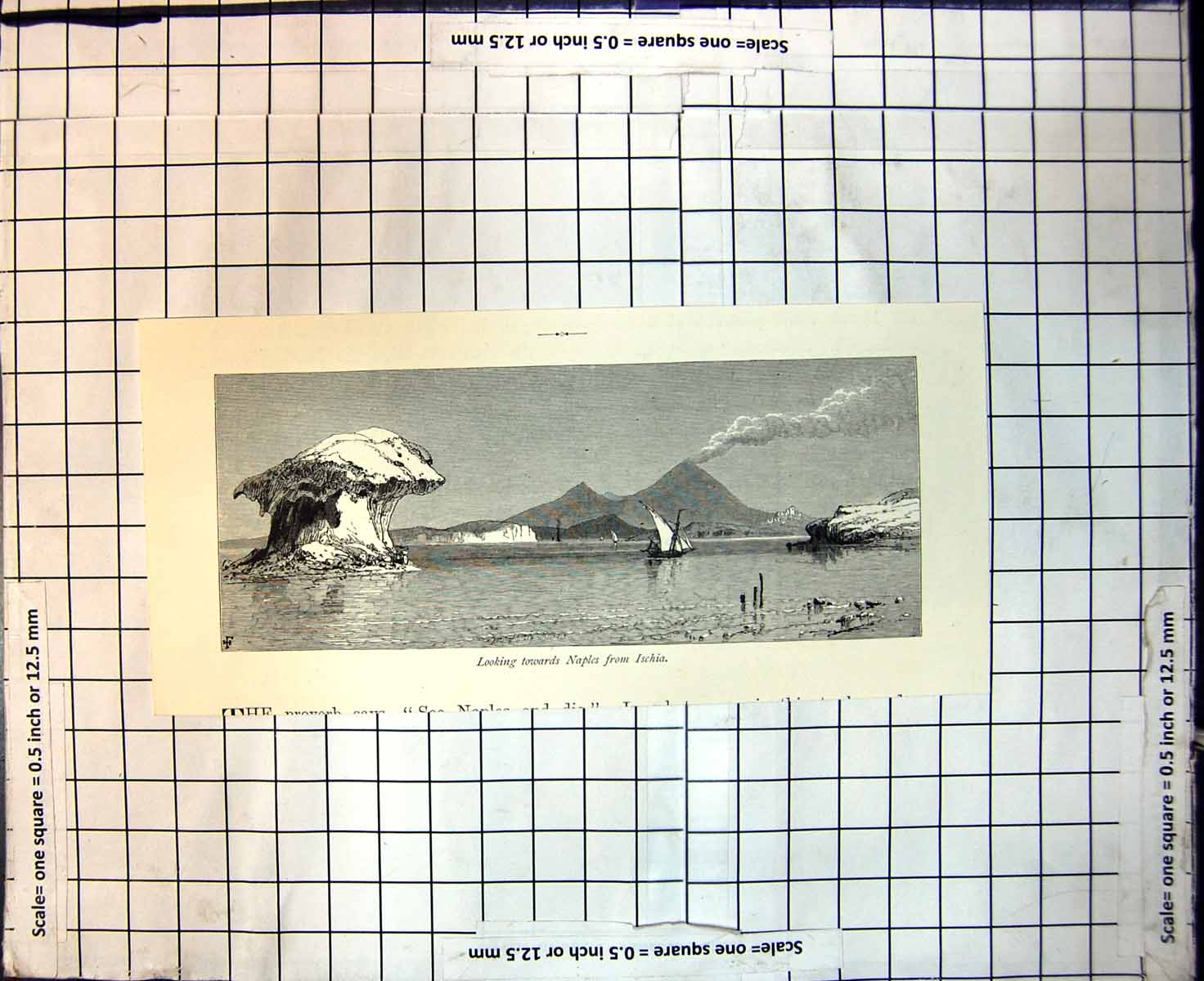 Original Old Antique Print Looking Towards Naples From Ischia Vesuvius