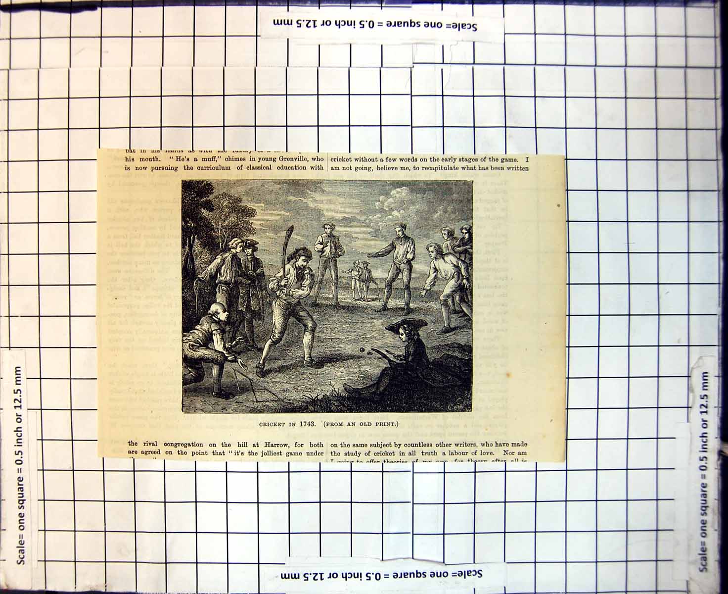 Original Old Antique Print Cricket 1743 From Players