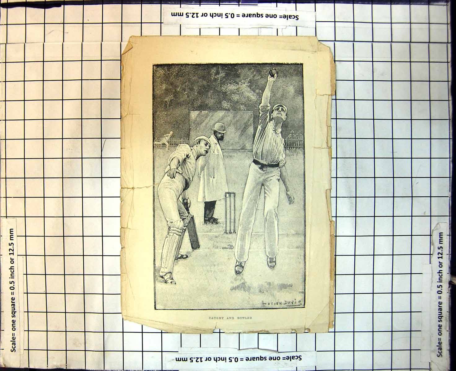 Original Old Antique Print Caught Bowled Cricket Players Ball Lucien Davis