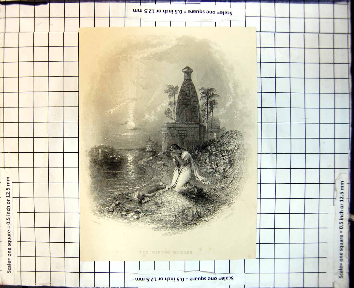 Original Old Antique Print Hindoo Mother Washing Baby River Palm Trees 1844