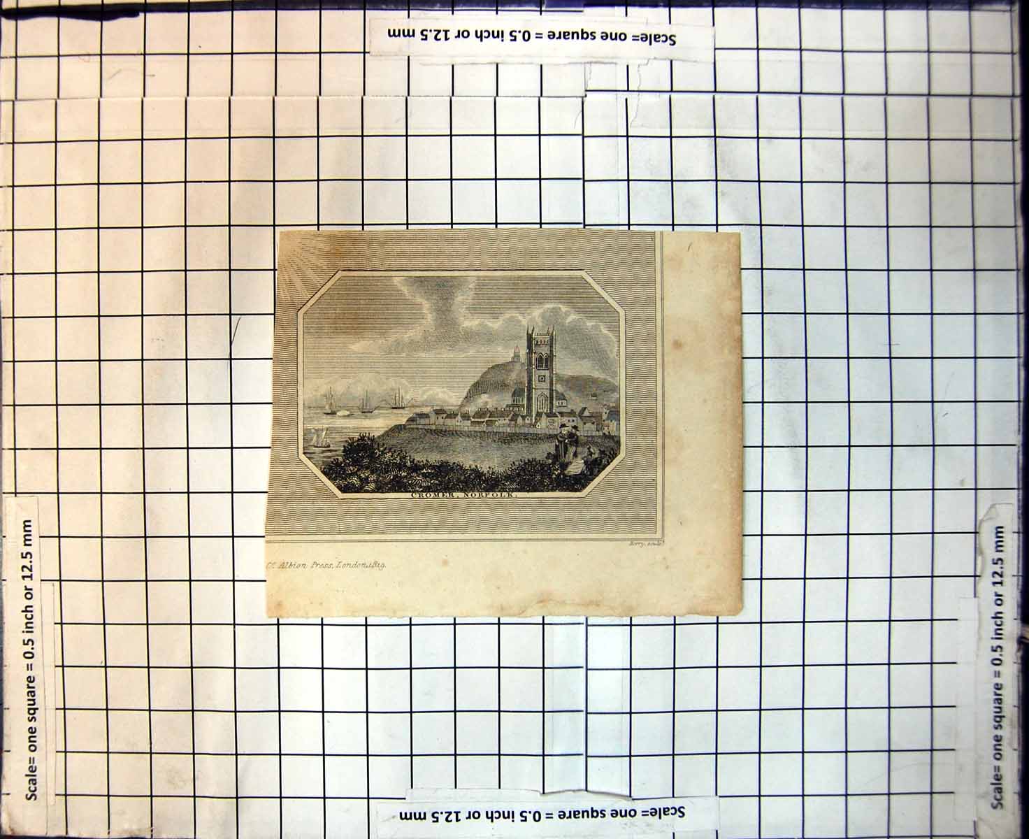 Original Old Antique Print Cromer Norfolk Church Town Edge Sea Ships