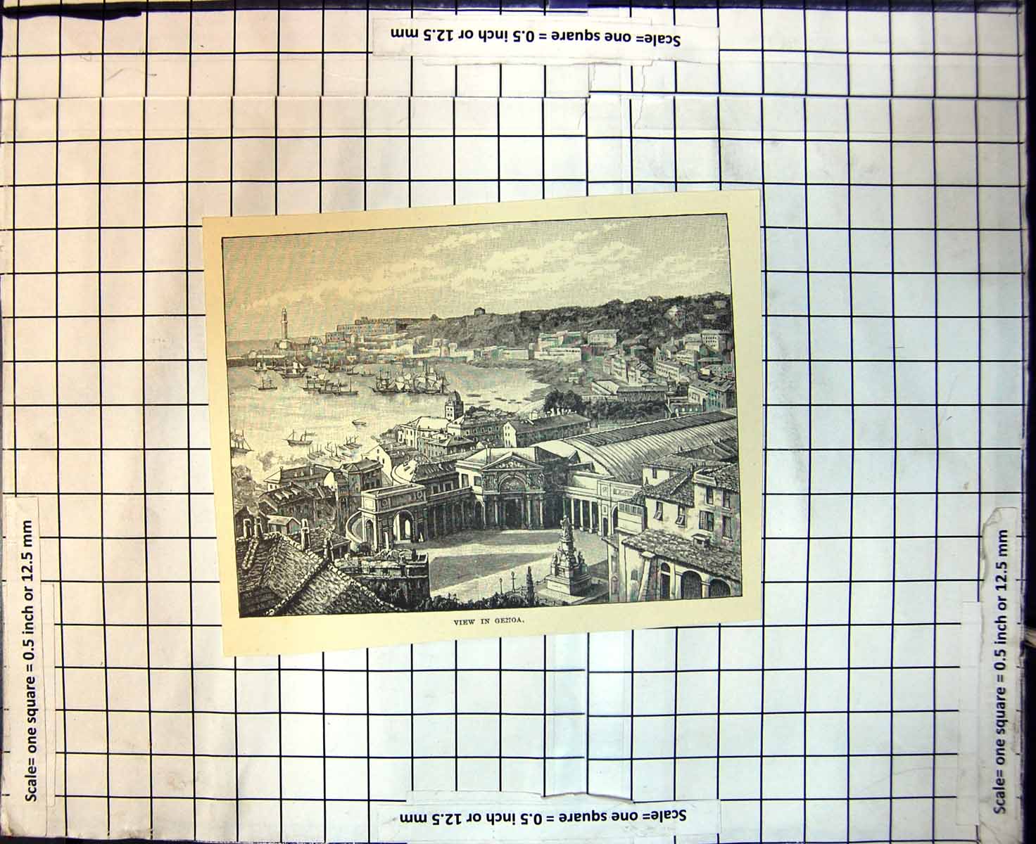 Antique Old Print View In Genoa Square Statue Town Harbour Ships Lighthouse