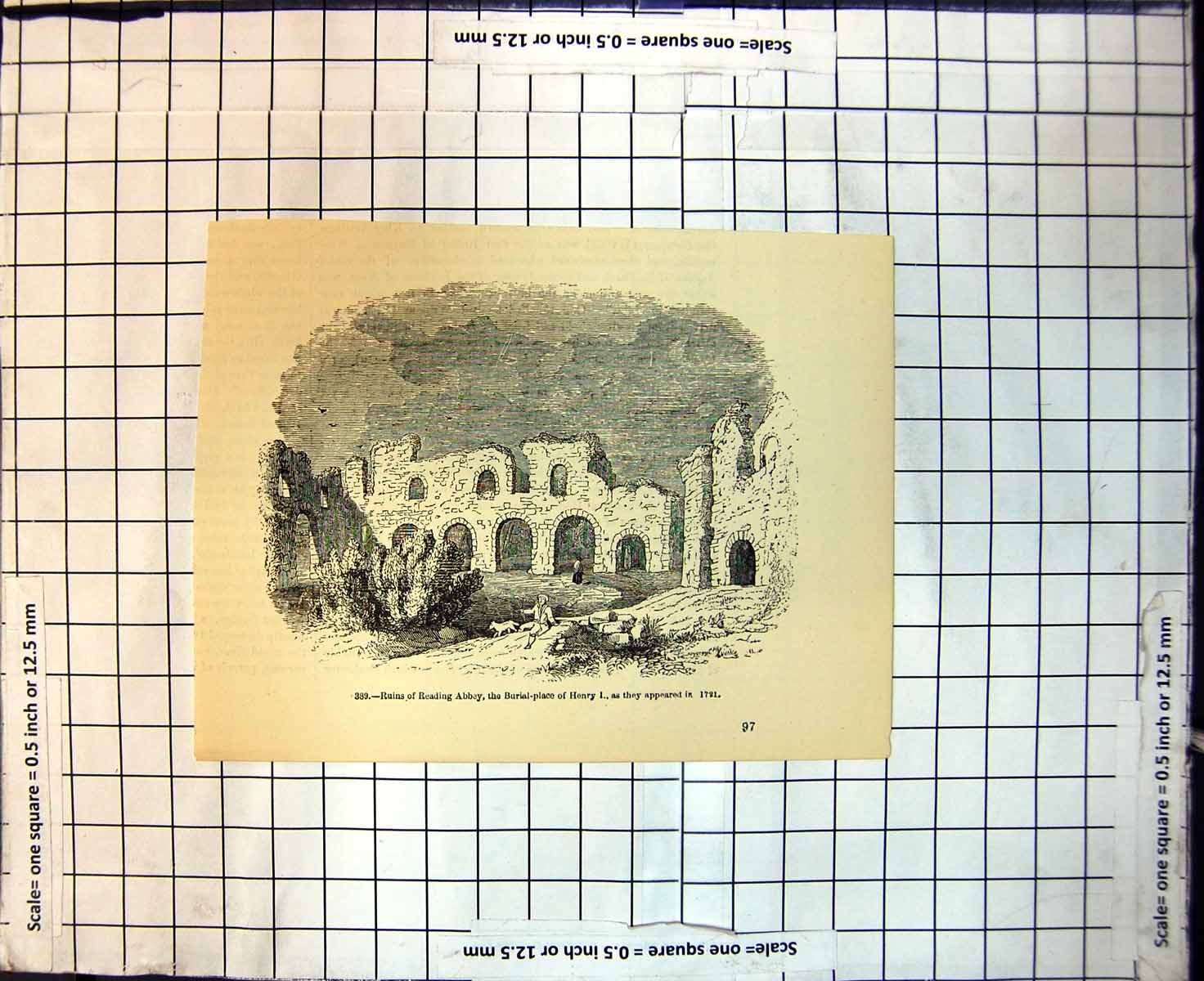 Antique Old Print Ruins Reading Abbey Burial Place HenryAs Appeared 1721