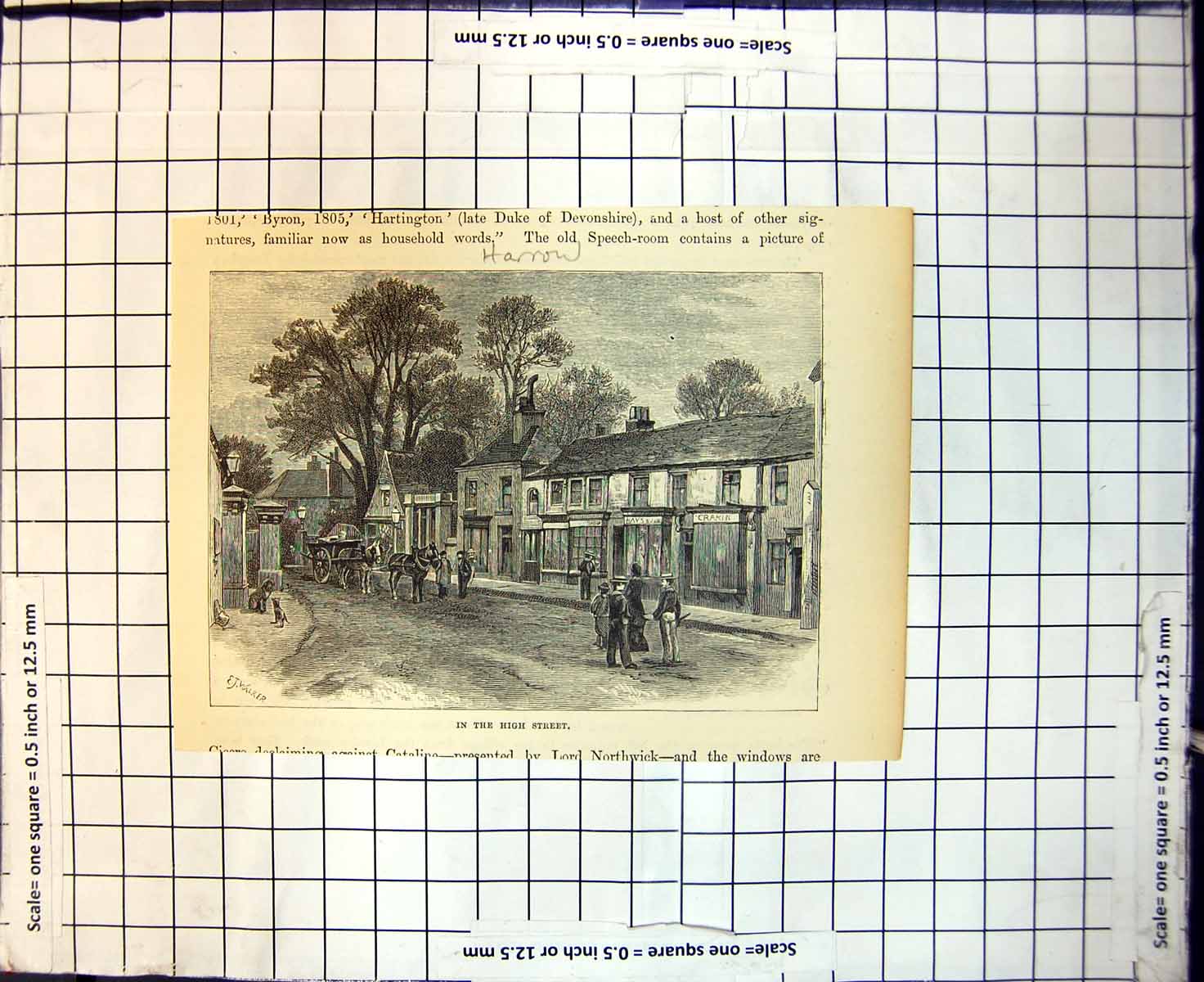 Original Old Antique Print High Street Harrow Shops Passers Bye Horse Cart