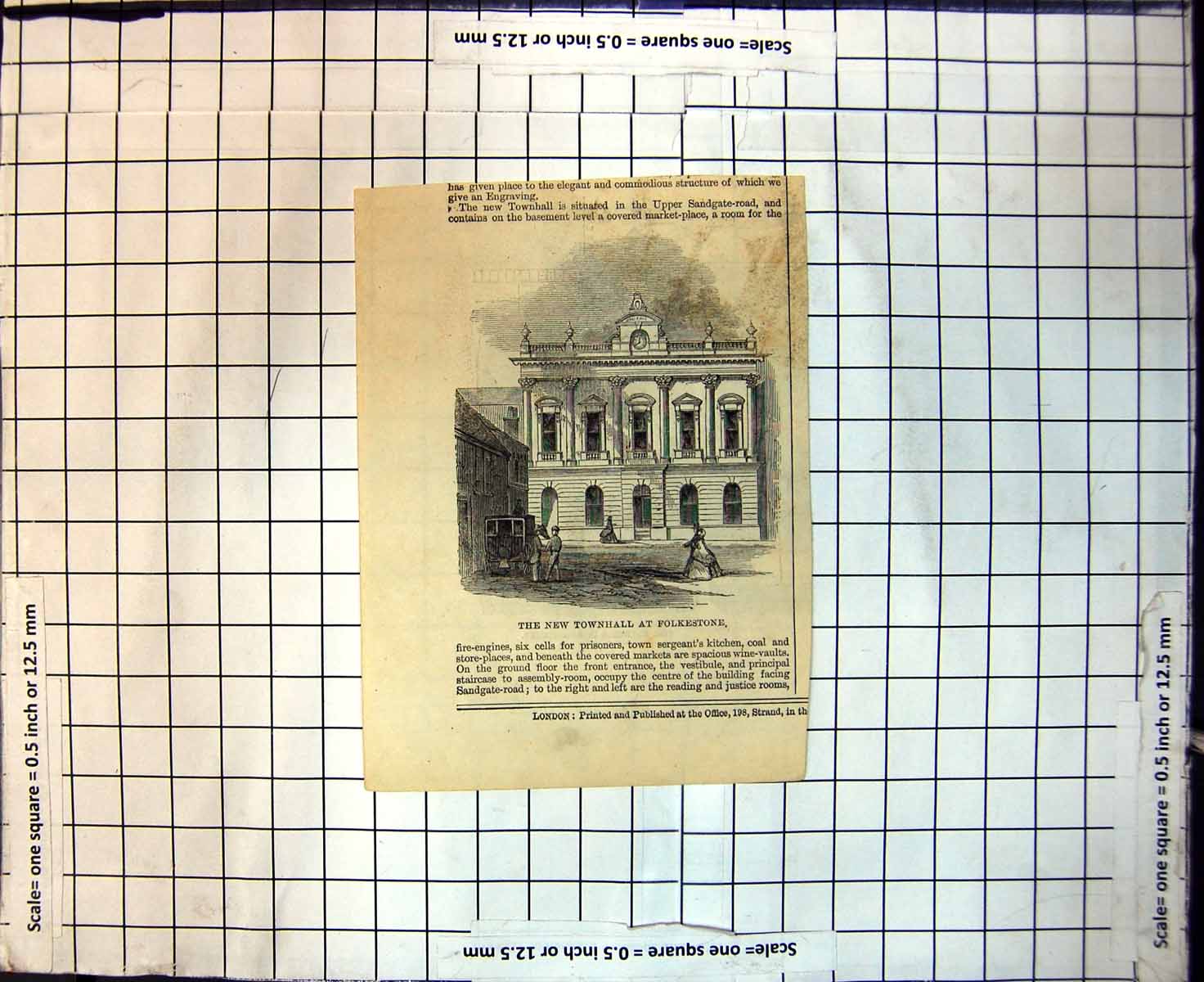 Antique Old Print New Townhall Folkestone Upper Sandgate Road Market Place