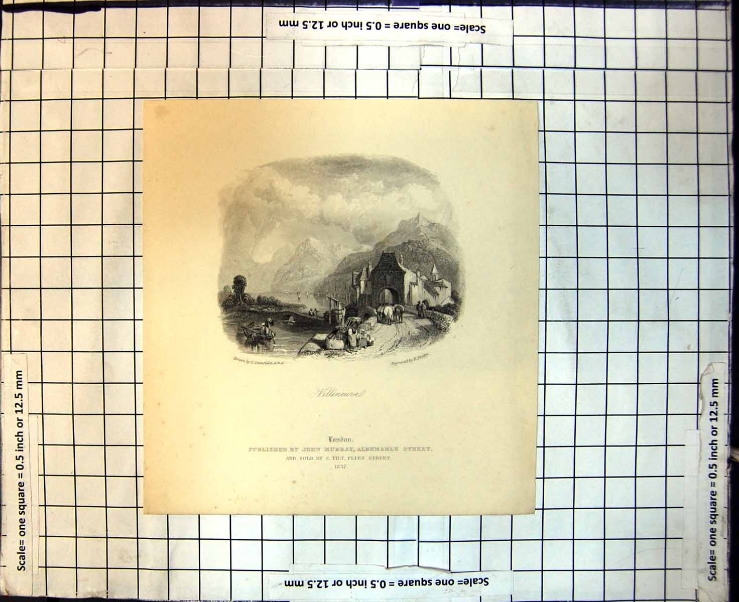 Old Antique Print Villeneuve Bridge River Mountains C Stanfield E Finden