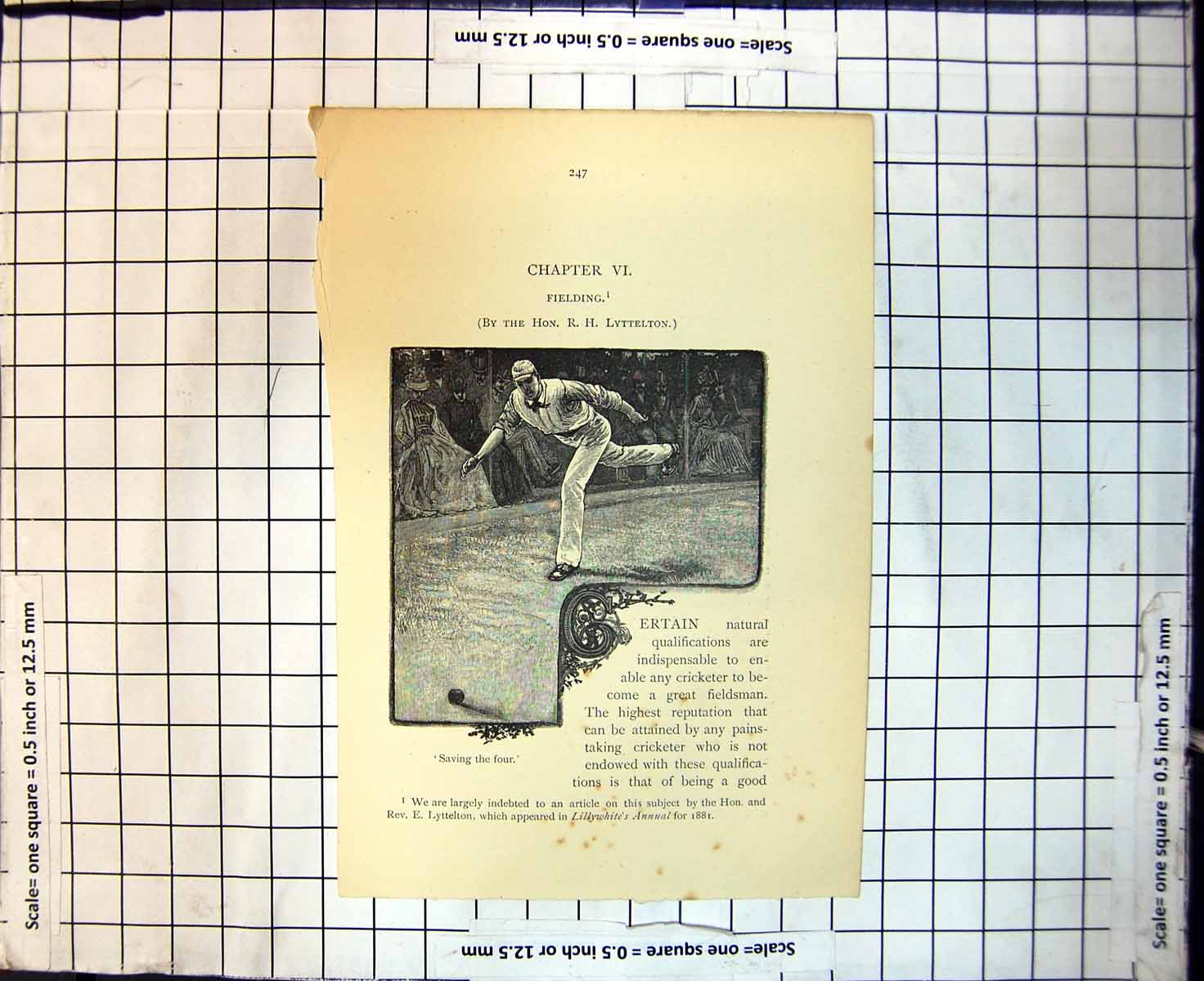 Original Old Antique Print Cricket Fielding Saving The Four R Lyttelton
