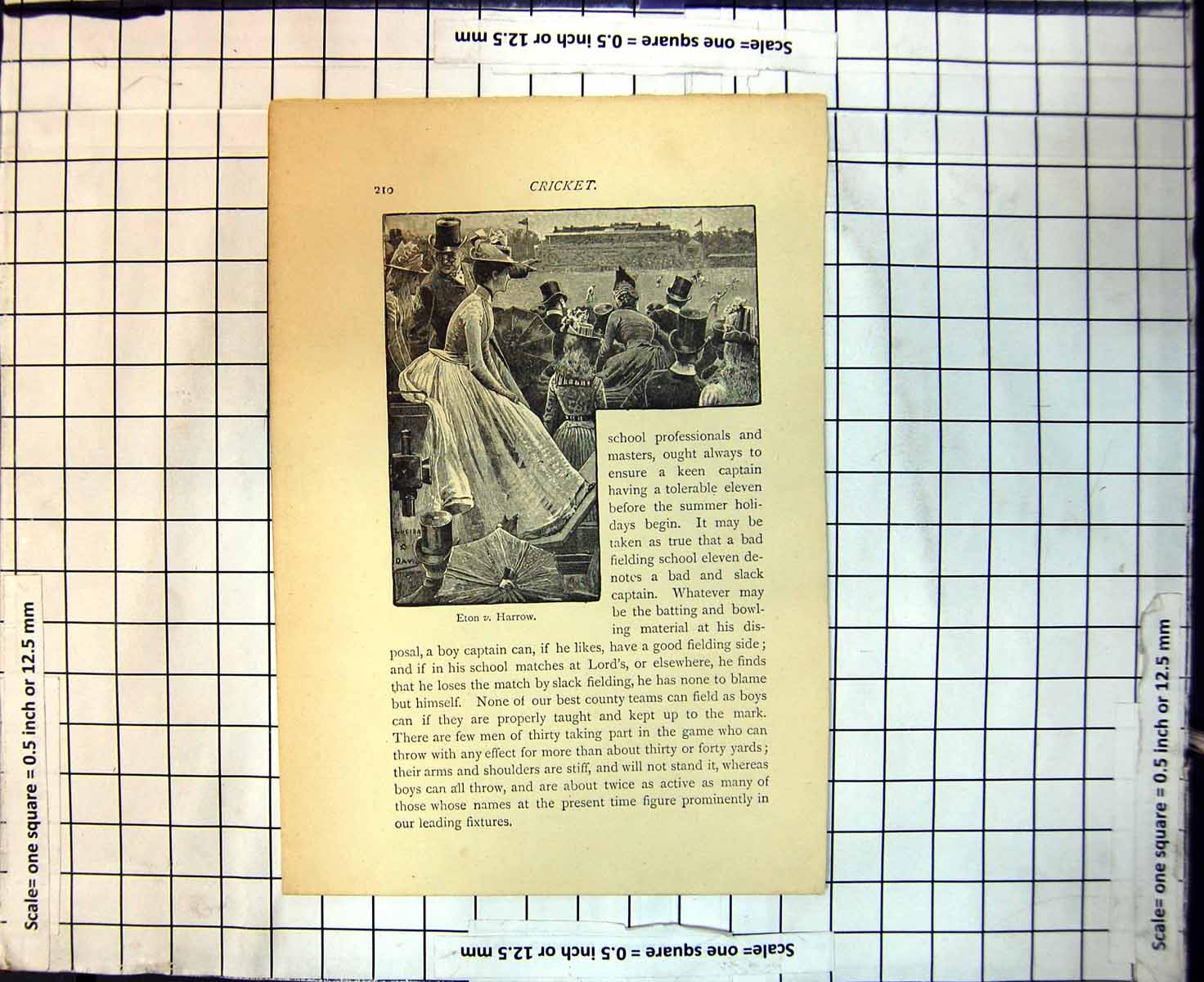 Original Old Antique Print Cricket Eton V Harrow Ladies Hats Men Top Hats