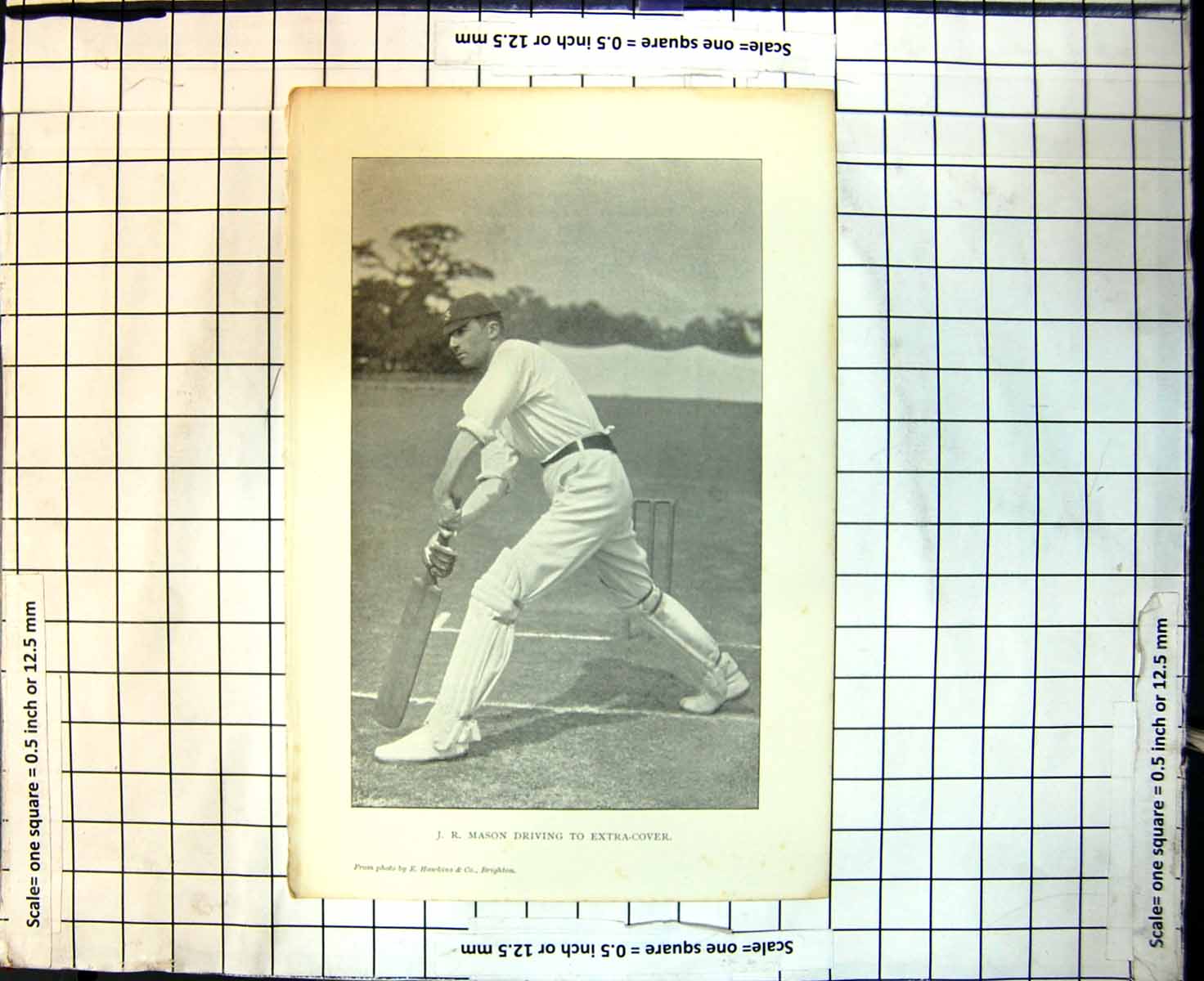 Original Old Antique Print Cricket J R Mason Driving To Extra Cover