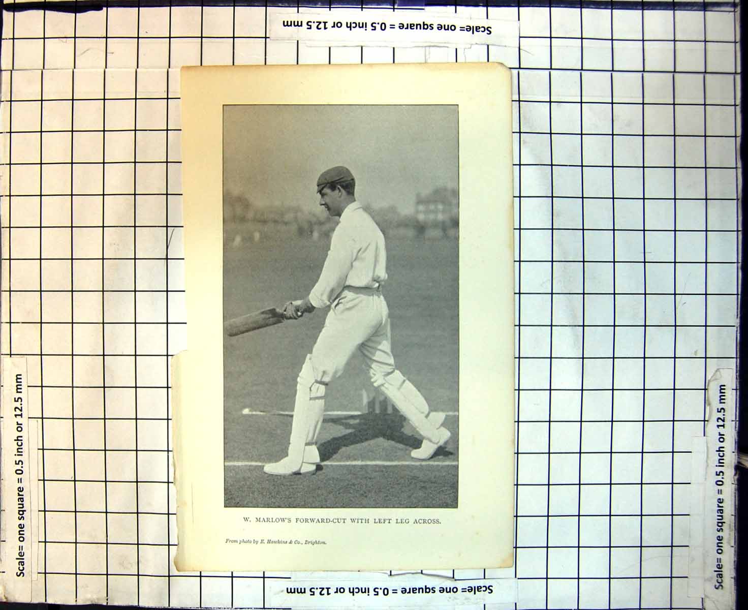 Original Old Antique Print Cricket W Marlows Forward Cut With Left Leg Across