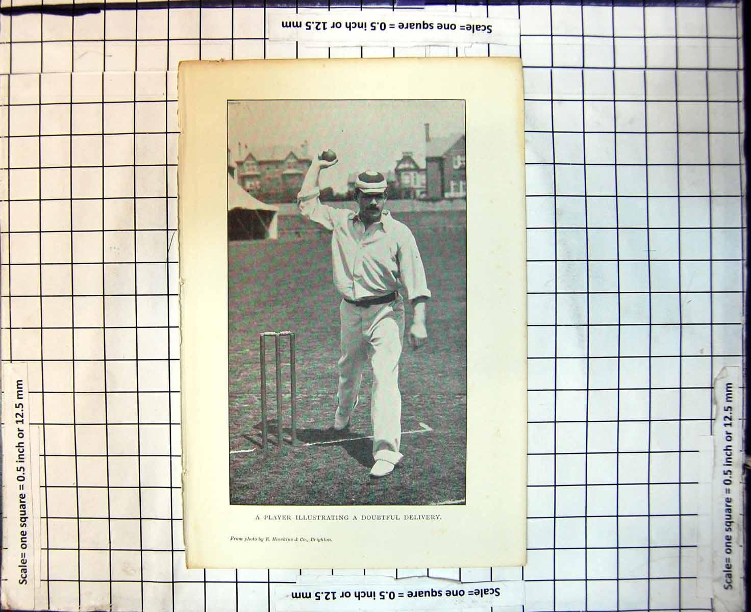Original Old Antique Print Cricket A Player Illustrating A Doubtful Delivery