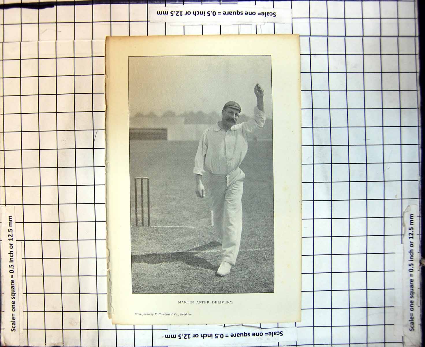 Original Old Antique Print Cricket Martin After Delivery Hand In Air
