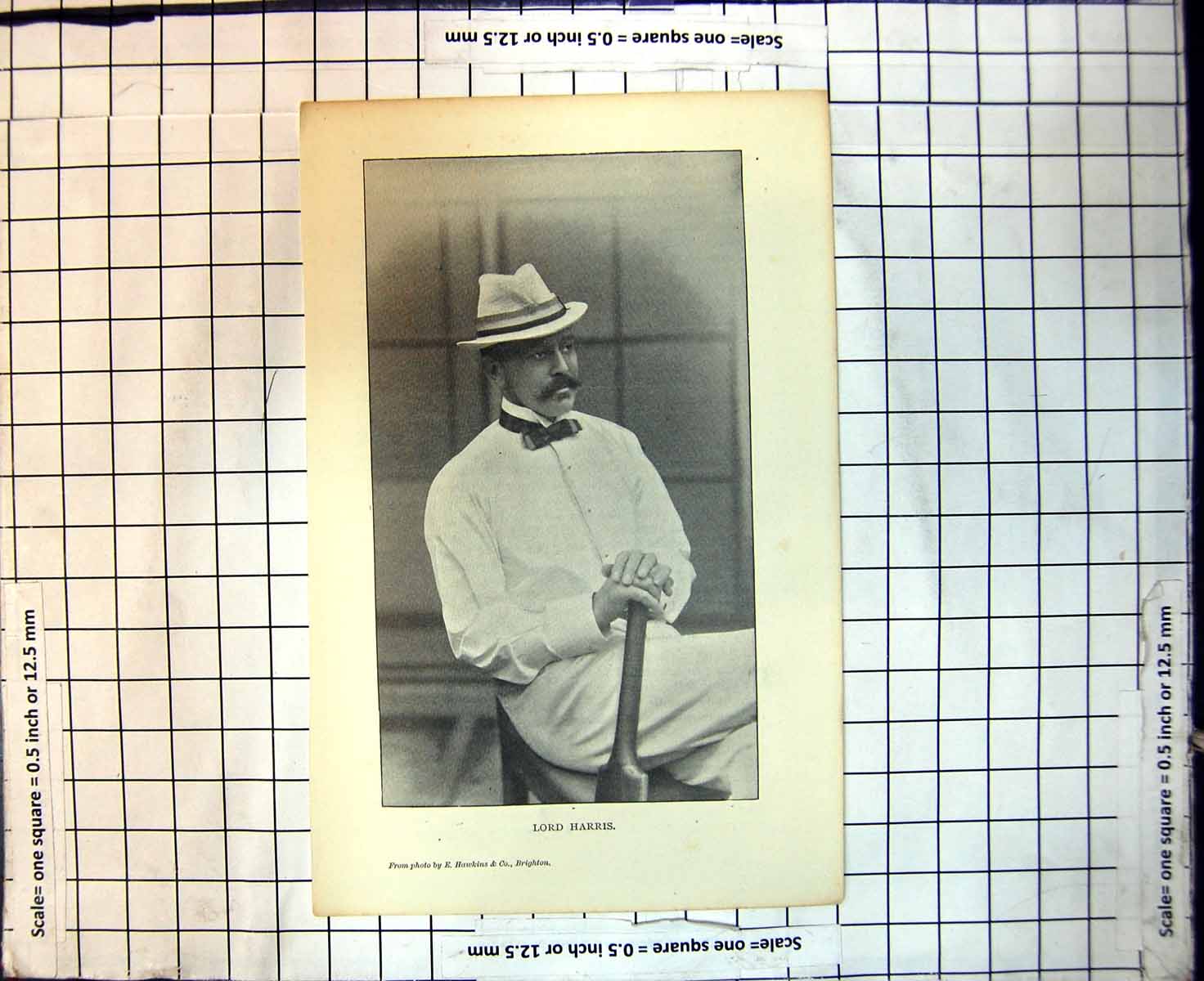 Original Old Antique Print Cricket Lord Harris Hat Bow Tie Cricket Bat