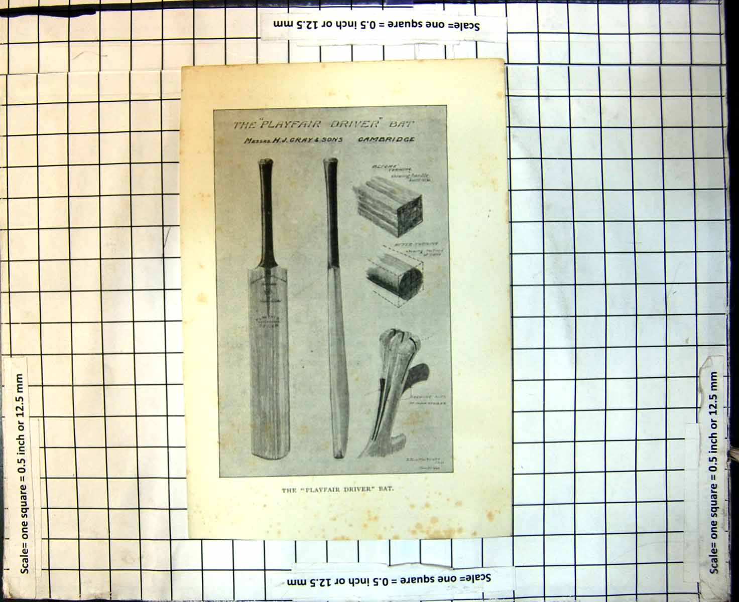 Old Playfair Driver Cricket Bat Rubber Cane H J Gray & Sons Cambridge