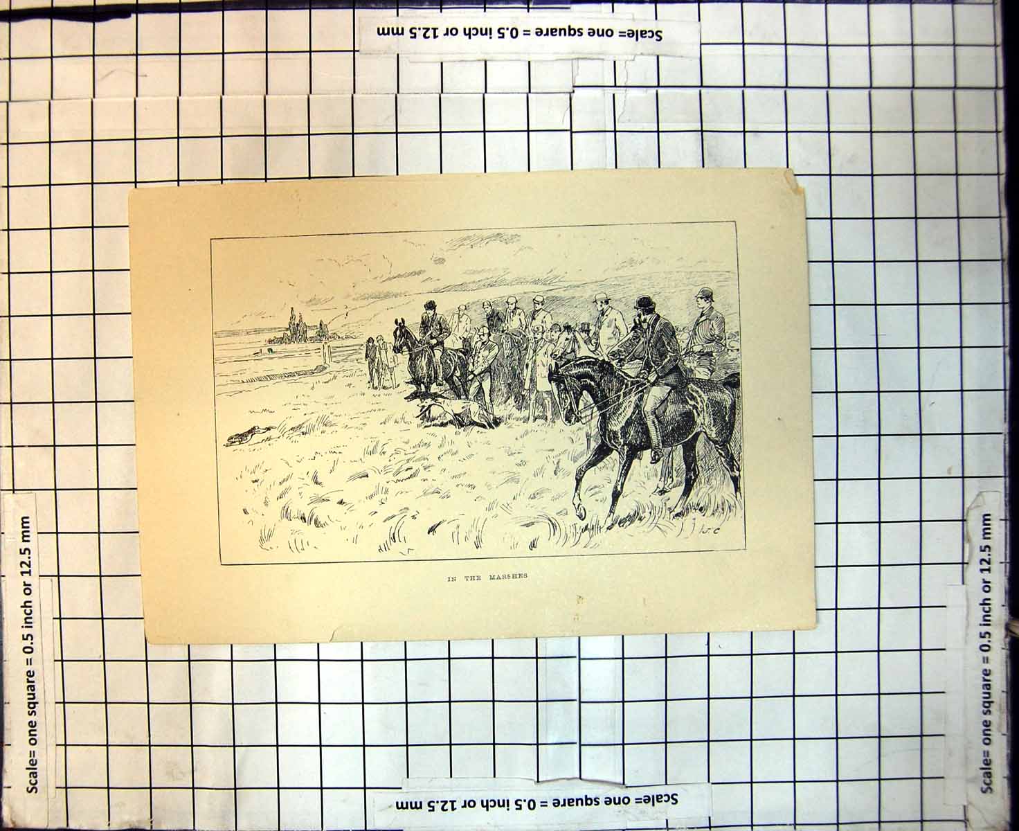 Original Old Antique Print Hunting In Marshes Hunters Horses Hounds Hare