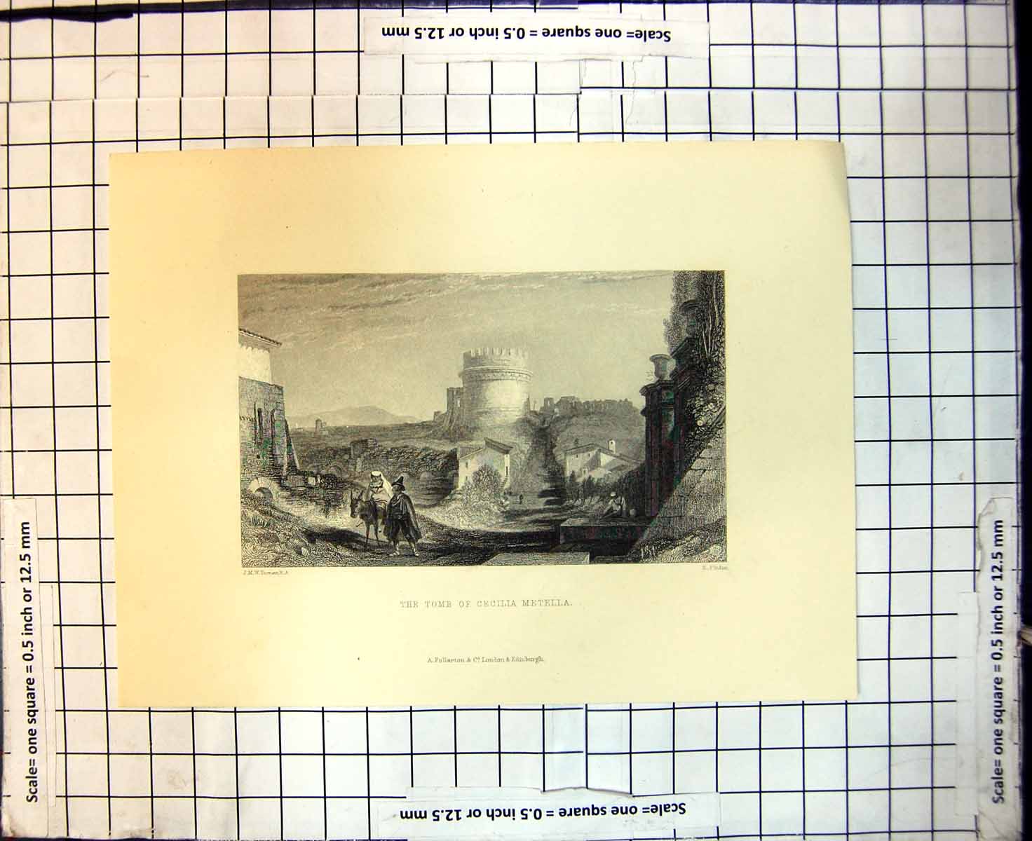 Original Old Antique Print Tomb Cecilia Metella Tower