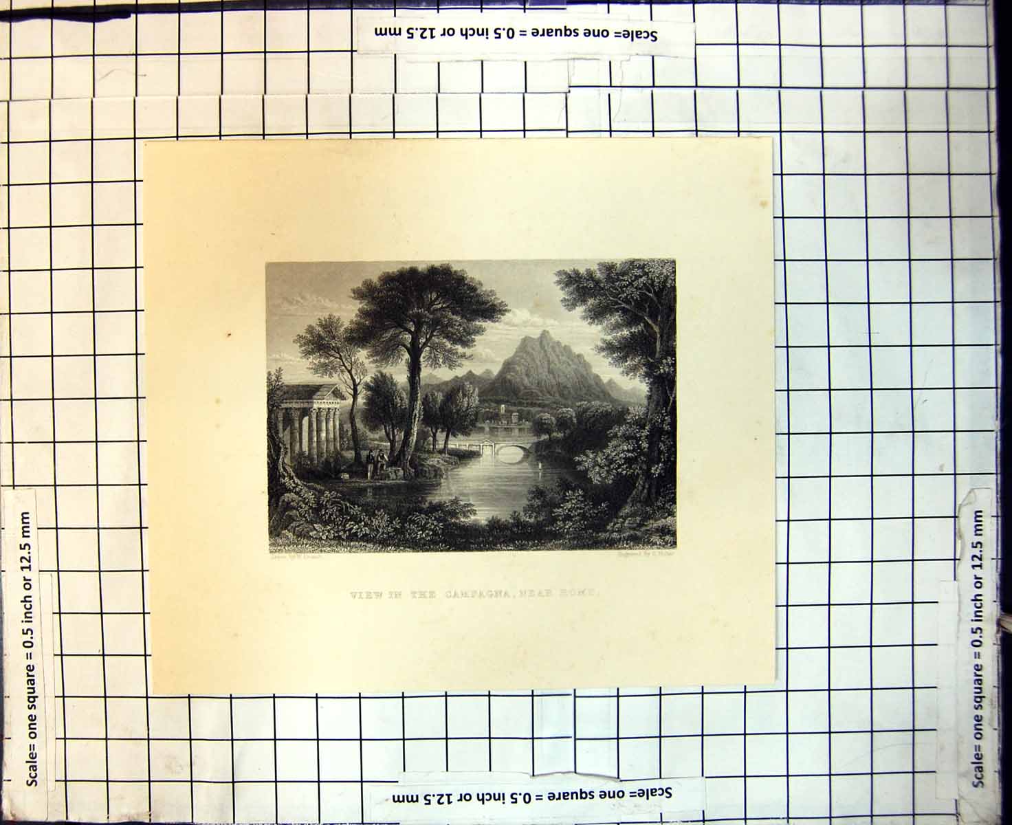 Original Old Antique Print View Campagna Near Rome Bridge Trees Mountain