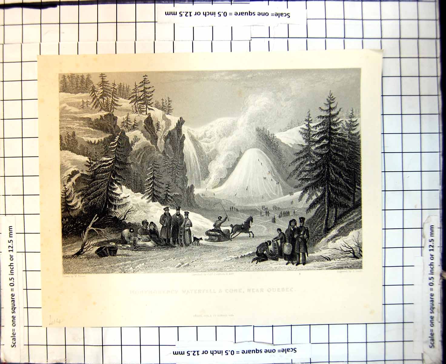 Original Old Antique Print Montmorency Waterfall & Cone Near Quebec W Purser