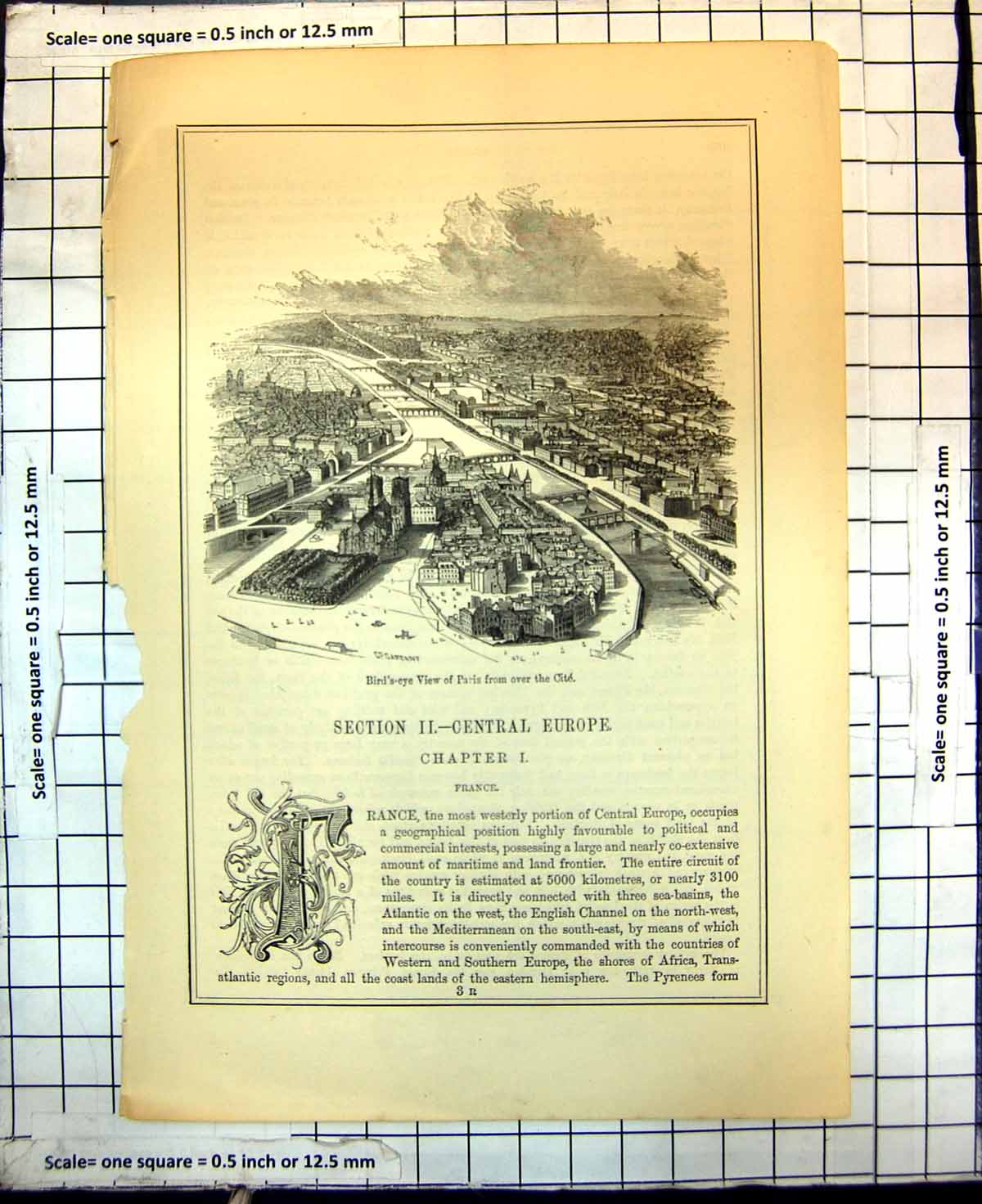 Antique Old Print Birds Eye View Paris From Over City River Seine Bridges