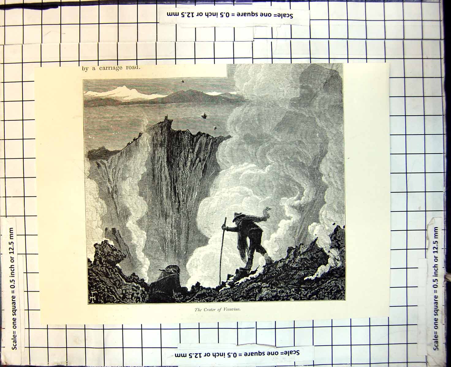 Original Old Antique Print Crater Vesuvius Italy Lava Steam Rocks Dust