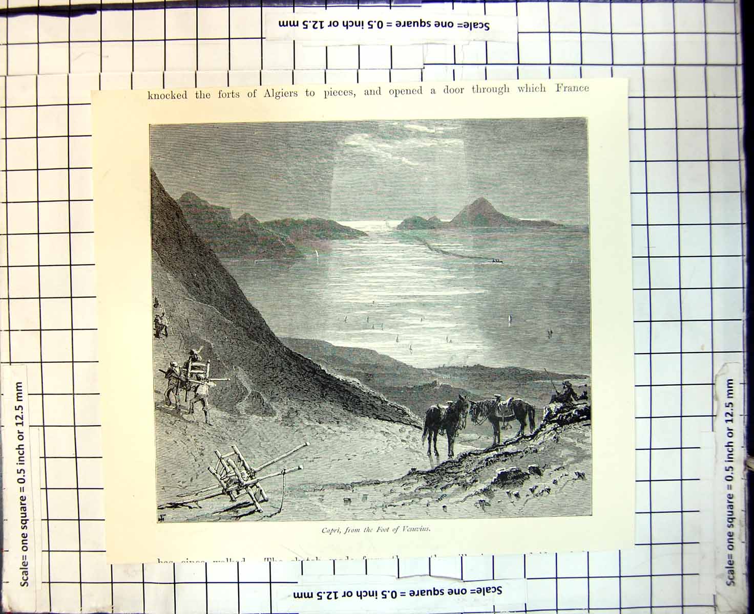Original Old Antique Print Capri From Foot Vesuvius Looking Over Sea Island