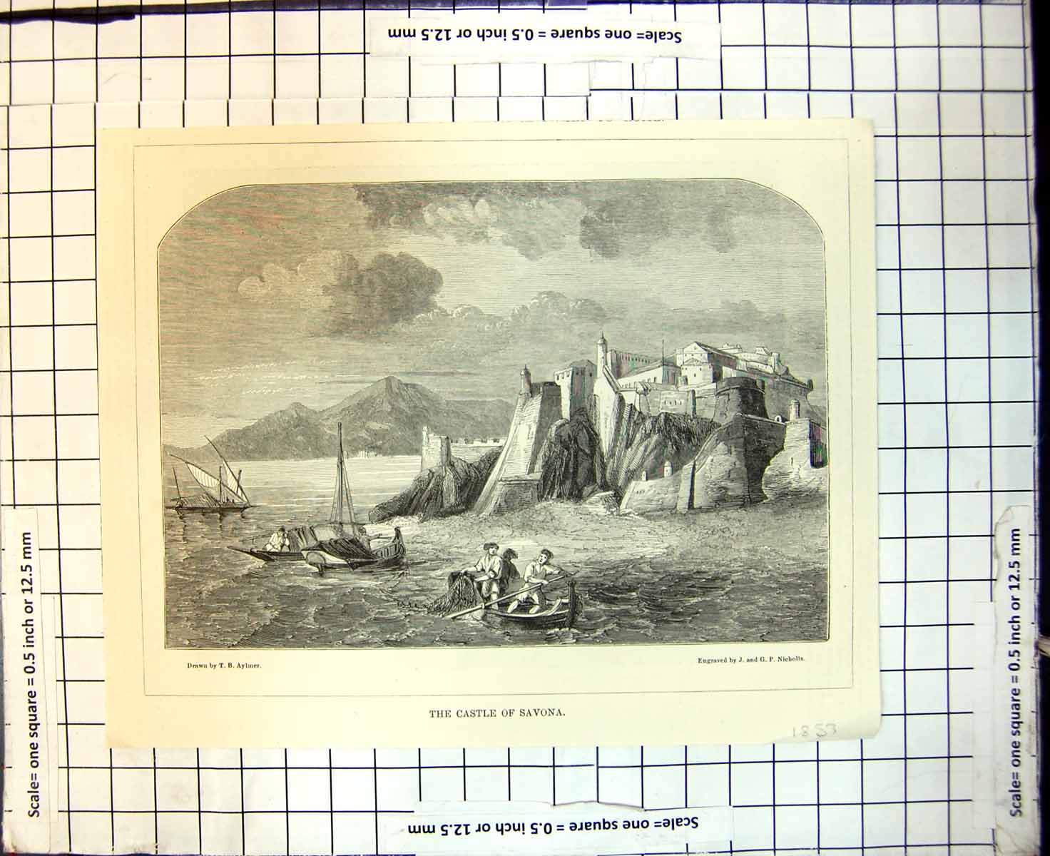 Antique Old Print Castle Savona Rocks Edge Sea Drawn T Aylmer J & G Nicholls