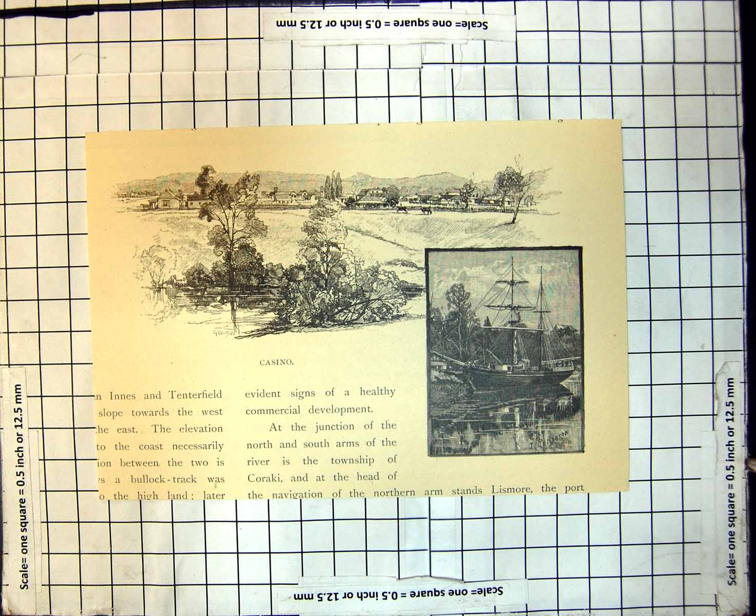 Old Antique Print Casino Town New South Wales Sailing Ship J Ashton 1886 19th