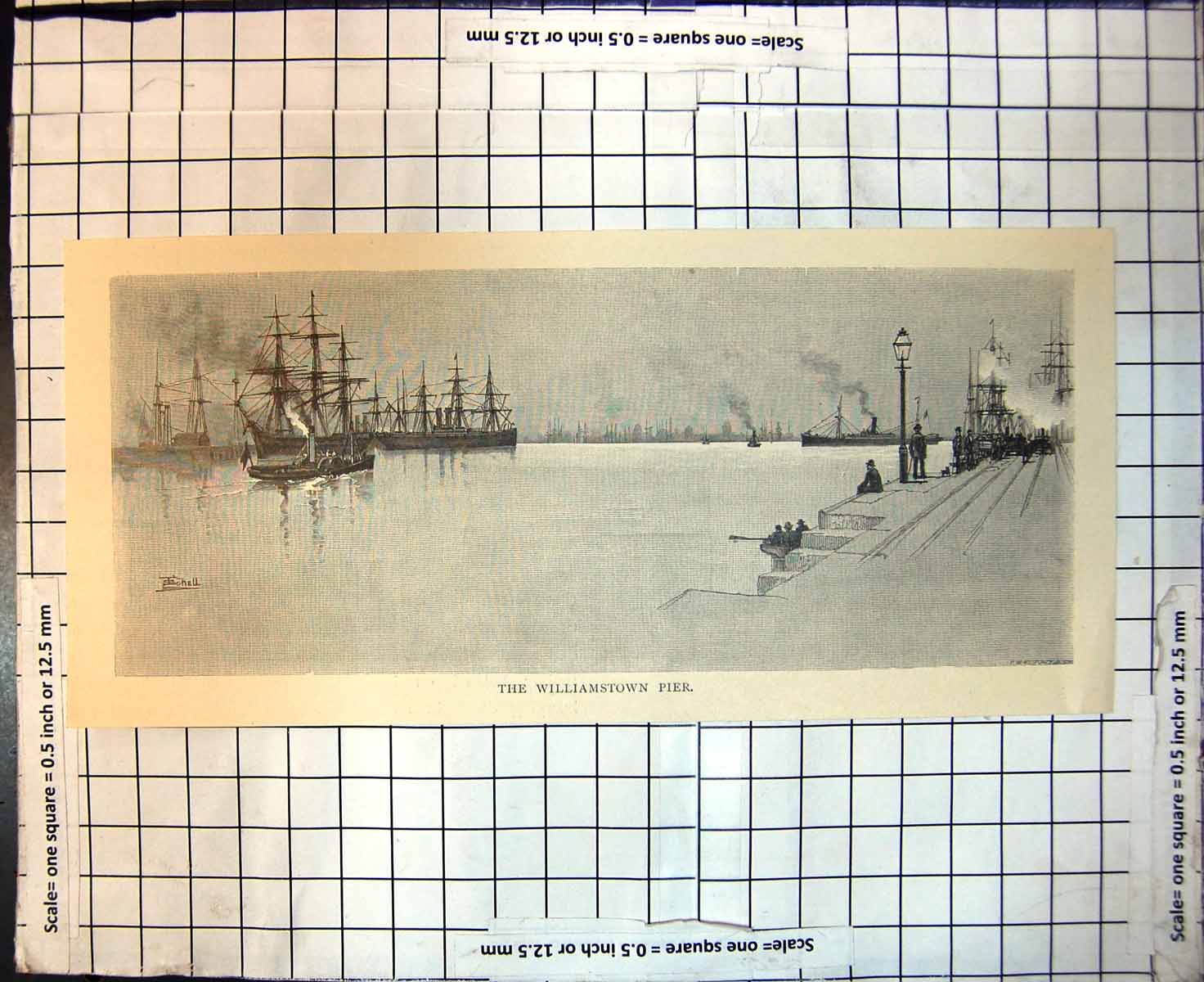 Original Old Antique Print Williamstown Pier Melbourne Sailing Ships 1886 19th