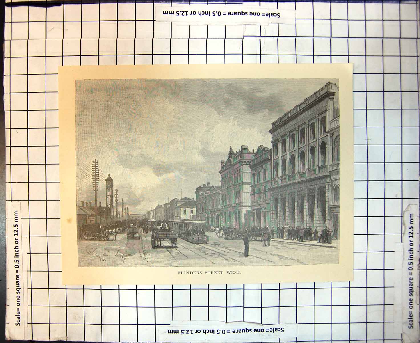 Old Antique Print Flinders Street West Melbourne Trams Horses Carts 1886 19th