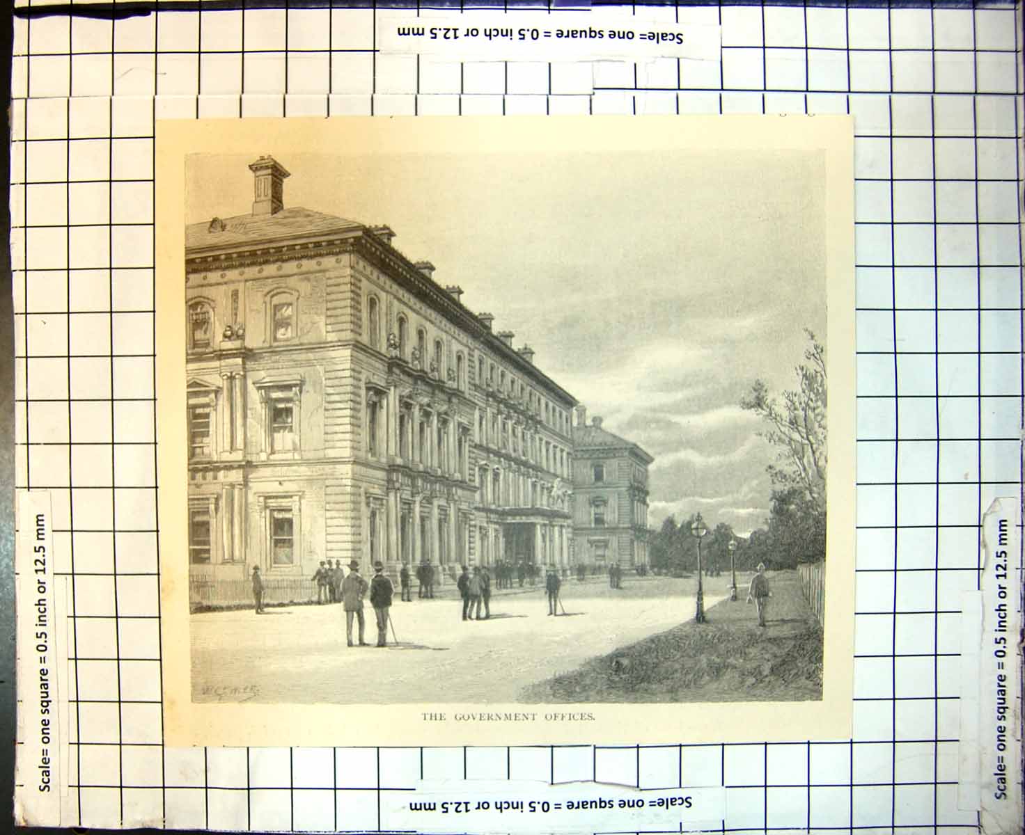 Original Old Antique Print Government Offices Melbourne Australia 1886 19th
