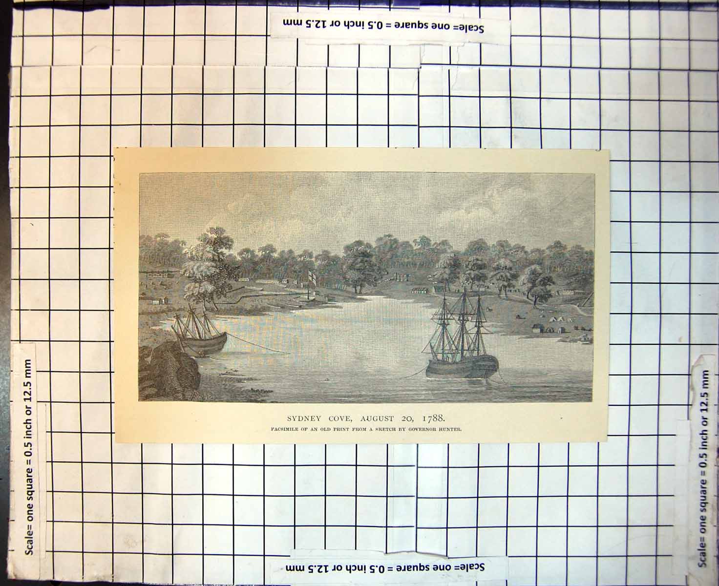 Antique Old Print Sydney Cove Australia 1788 Facsimile Governor Hunter 1886