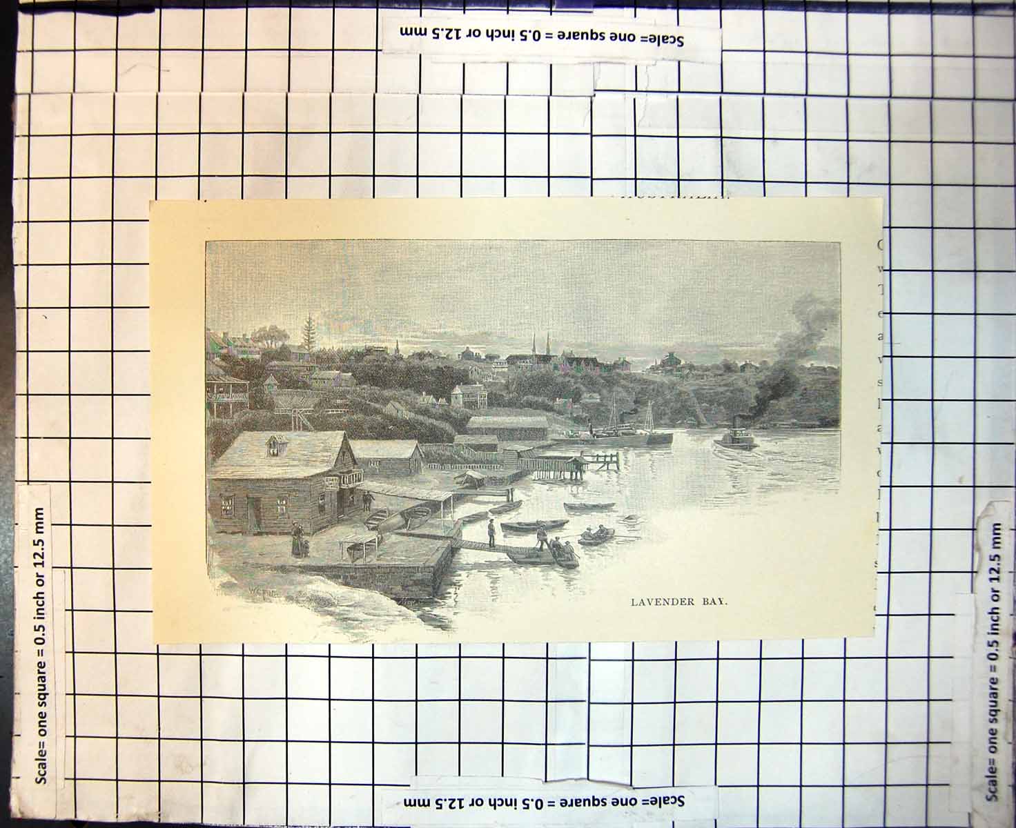 Antique Print Lavender Bay Sydney Australia Boats Wooden Piers Sheds 1886 19th