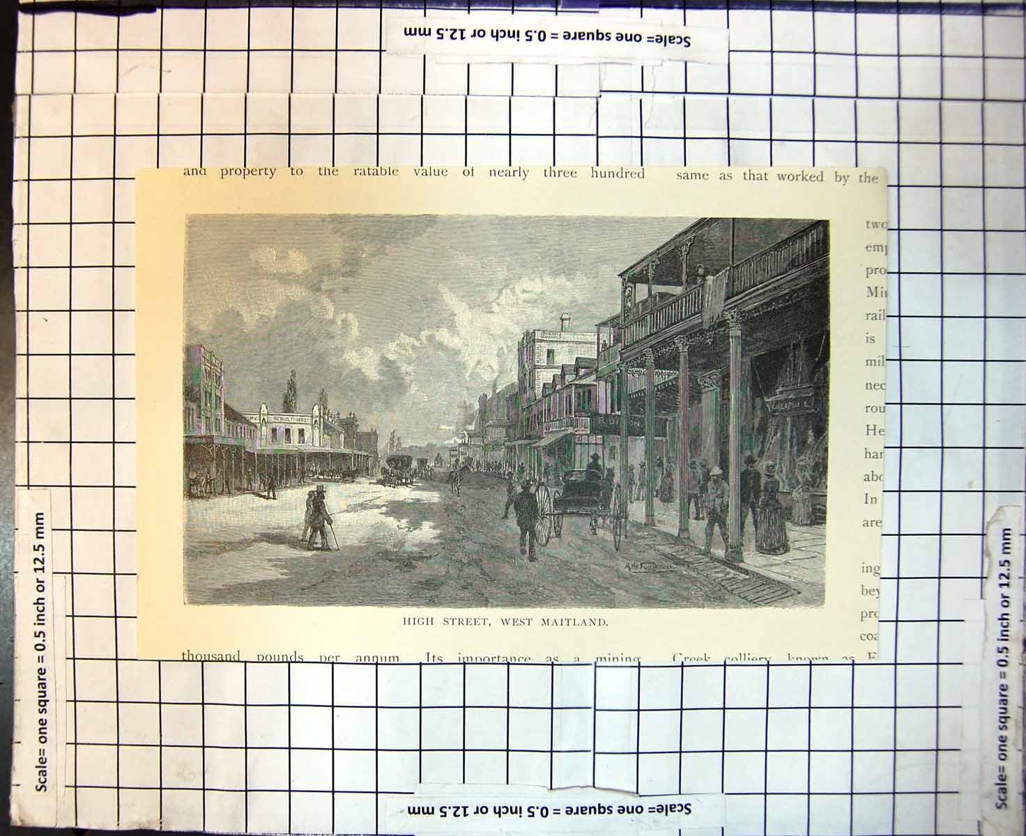 Original Old Antique Print High Street West Maitland New South Wales 1886 19th