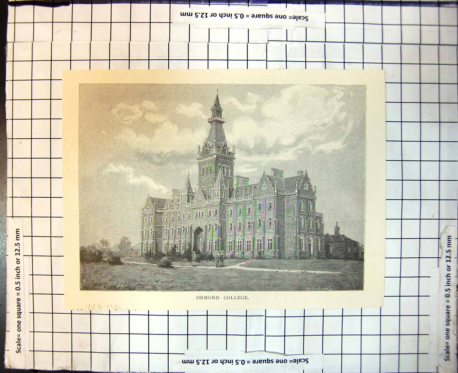 Original Old Antique Print Ormond College Melbourne Australia 1886Victorian