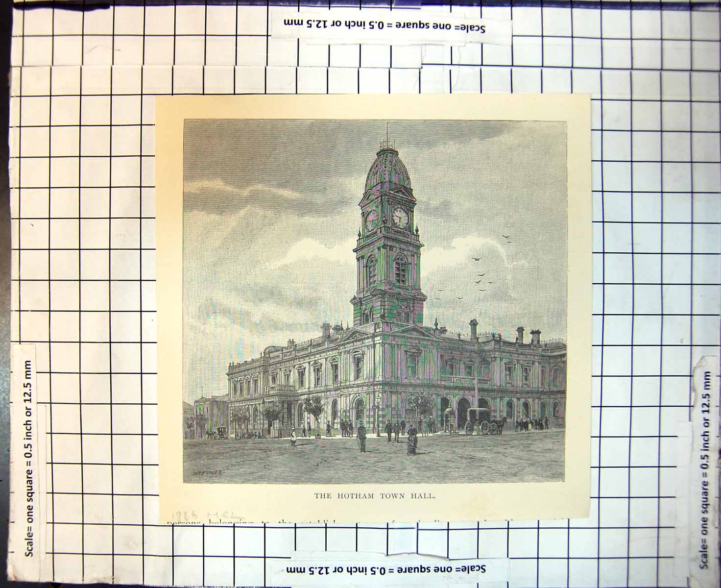 Original Old Antique Print Hotham Town Hall Melbourne Australia 1886Victorian