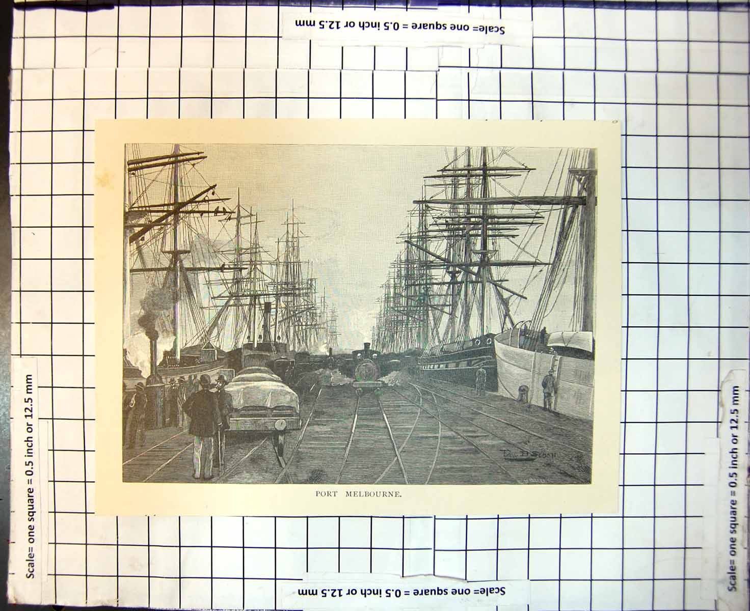 Original Old Antique Print Port Melbourne Australia Large Ships 1886Victorian