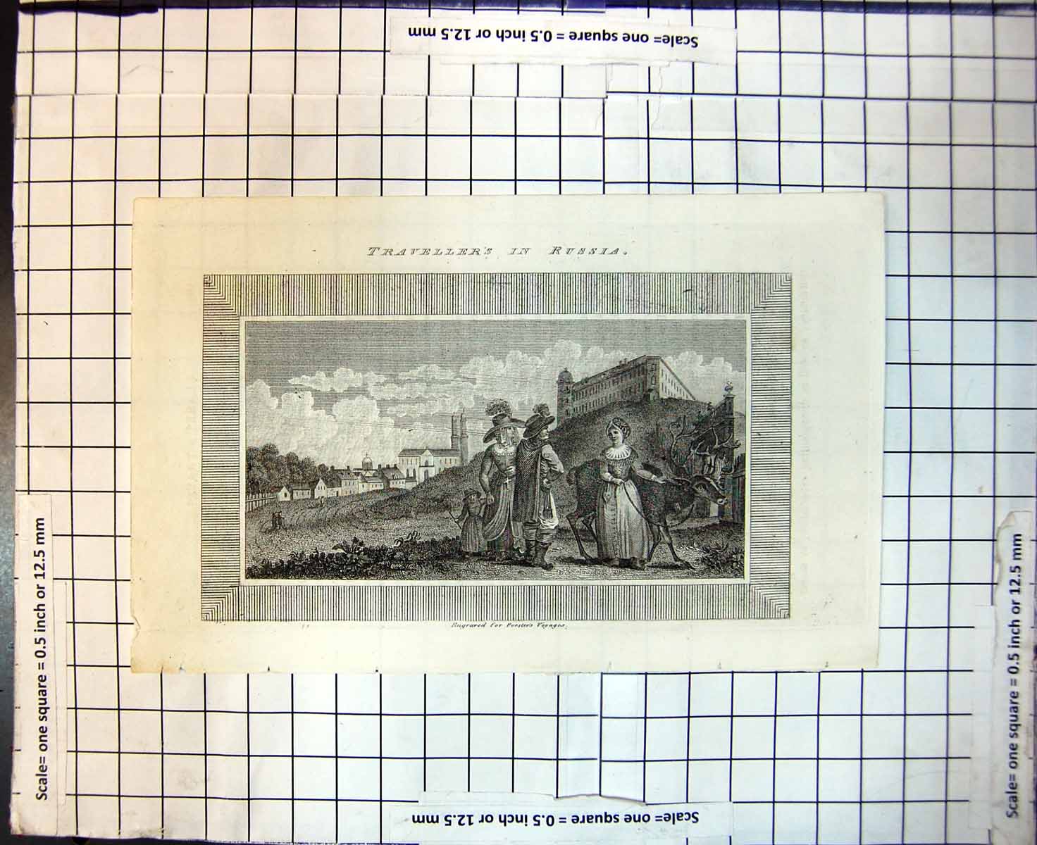 Original Old Antique Print Travelling In Russia Family Deer Building Hill