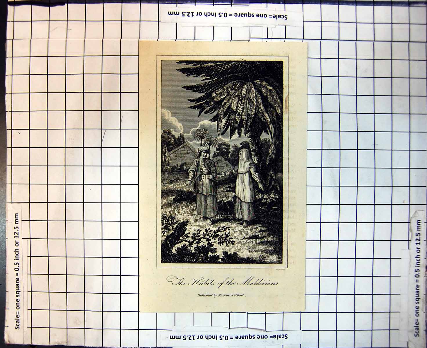 Original Old Antique Print Habits The Maldivians Bare Foot Long Dresses