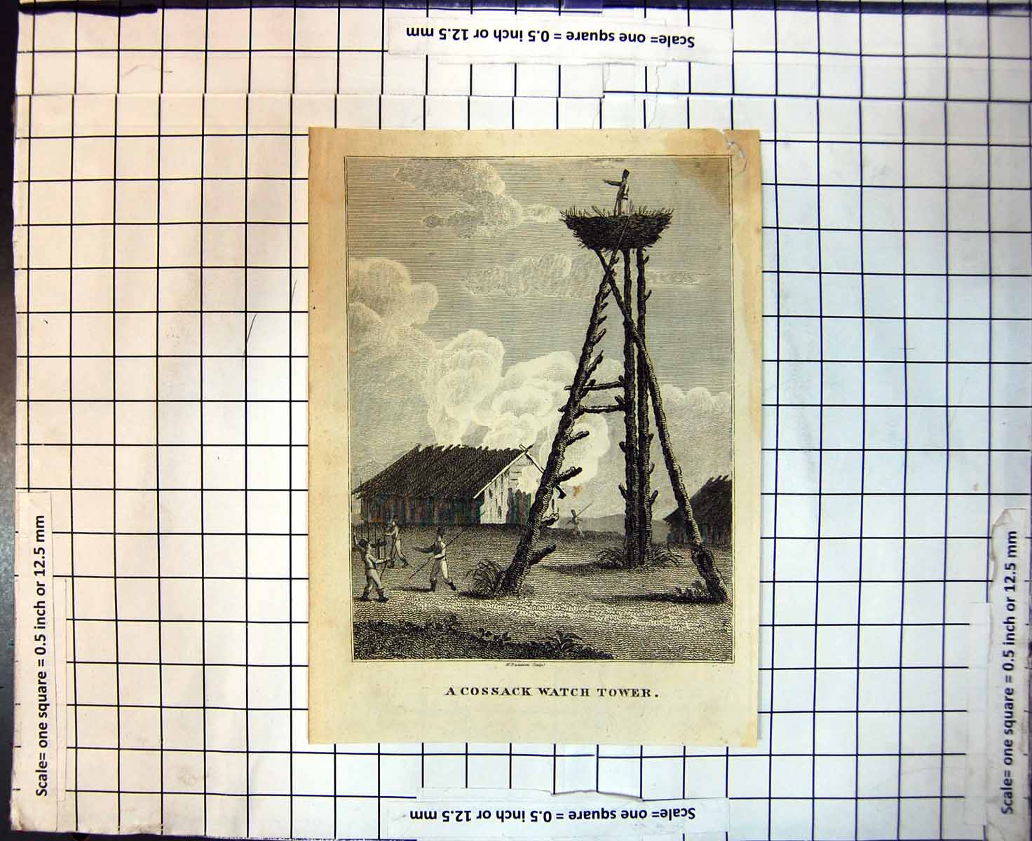 Original Old Antique Print Cossack Watch Tower Sier Top Looking Down