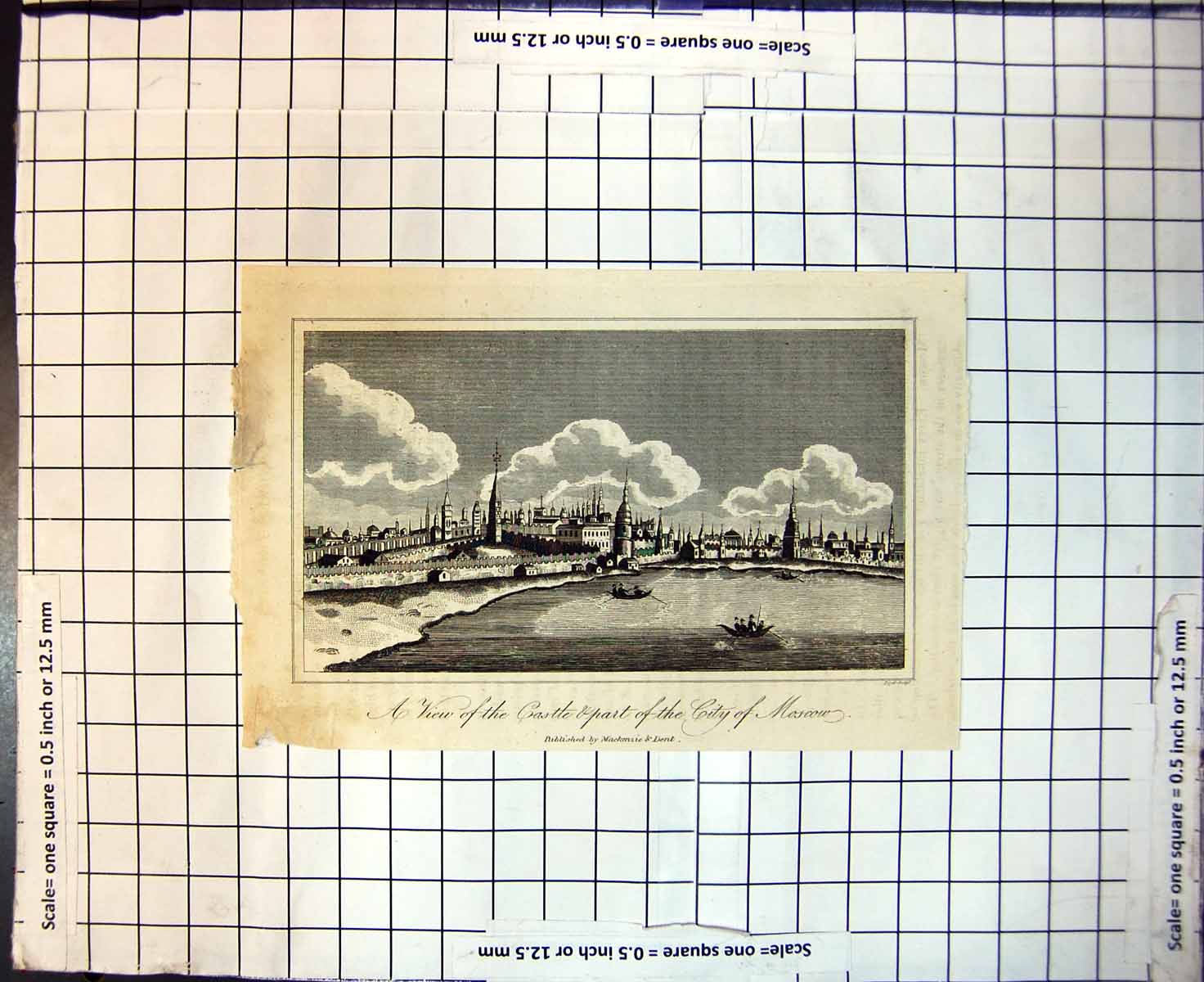 Original Old Antique Print View Castle Part City Moscow Boats Sea
